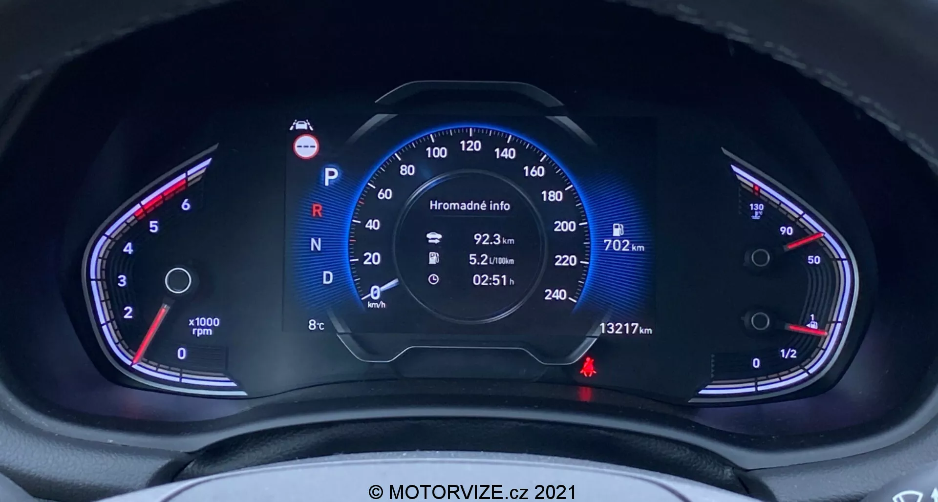 Blízky pohľad na digitálnu prístrojovú dosku Hyundai i30 2020 (i30-kombi) z pohľadu vodiča, zameranie na tachometer (do 260 km/h) a otáčkomer (do 8000 rpm) s ďalšími ukazovateľmi teploty a hladiny paliva. Centrálna obrazovka ukazuje vozidlo v režime Parkovania, dáta z palubného počítača a stav počítadla kilometrov 13,217 km.