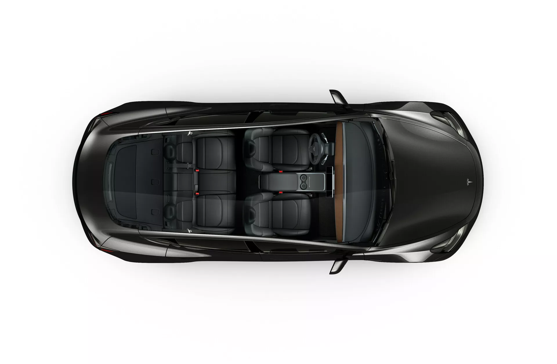 Pohľad z vtáčej perspektívy na Tesla Model 3 2019 (1. generácia). Obrázok zobrazuje celý vrch vozidla s elegantným moderným dizajnom. Predná časť vozidla smeruje nadol, zatiaľ čo zadná časť je orientovaná nahor. Kľúčové prvky z tohto uhla zahŕňajú panoramatickú strechu, ostrú líniu karosérie zdôrazňujúcu aerodynamický tvar a štyri kľučky dvier. Vozidlo má športový, kompaktný dizajn s čiernym lakom. Cez okná a panoramatickú strechu je vidieť interiér sedadiel usporiadaný v dvojradovej konfigurácii s prednými športovými alebo luxusnými sedadlami a zadnou lavicou. V tomto pohľade zhora nie sú viditeľné vonkajšie prvky ako zrkadlá, nárazníky alebo kolesá.