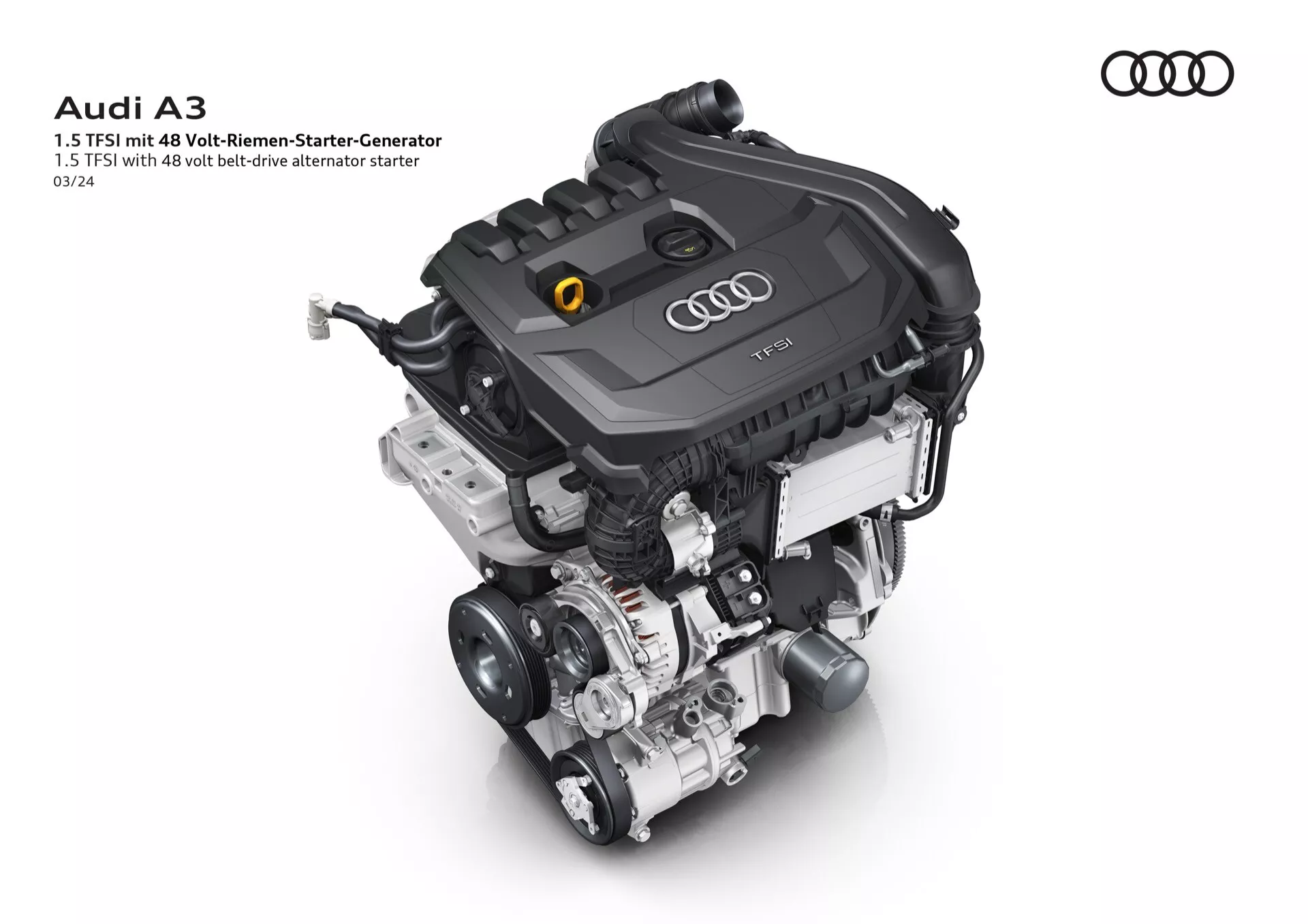 Fotografia vo vysokom rozlíšení zobrazujúca zložité detaily motora Audi A3 2024 (8Y-facelift), ktorá zdôrazňuje jeho špičkové inžinierstvo a dizajn