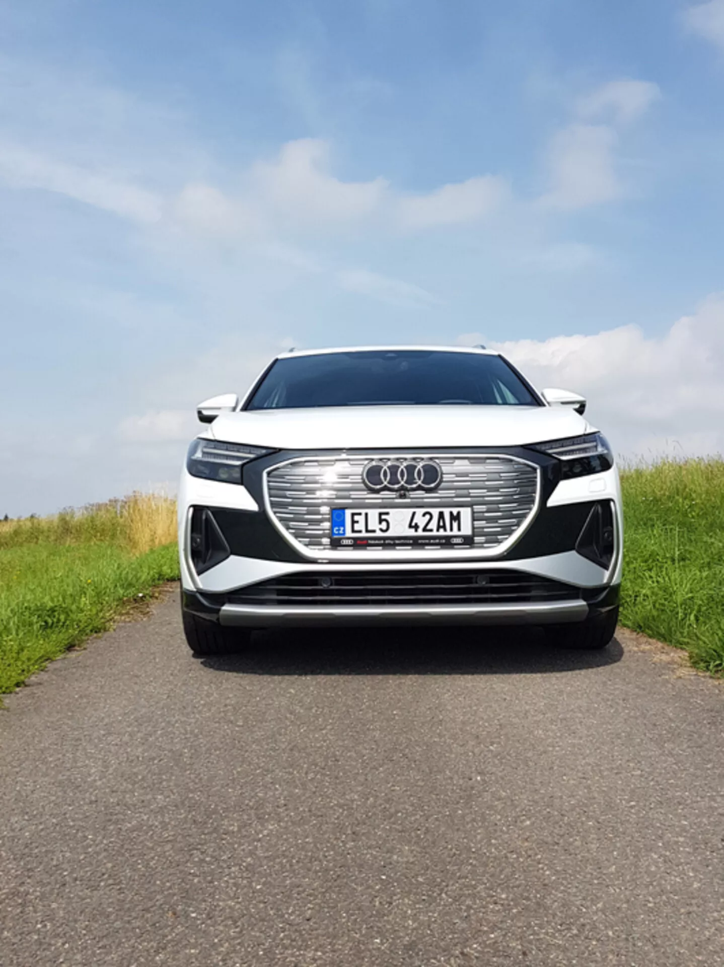 Centrovaný predný pohľad na Audi Q4 e-tron 2021 zobrazujúci veľkú šesťuholníkovú mriežku s emblémom Audi, LED svetlomety, európsku evidenčnú značku, potenciálne senzory ADAS, prívody vzduchu, metalický lak a chrómové lemy pod čiastočne zamračenou oblohou na asfaltovej ceste s trávnatými stranami.