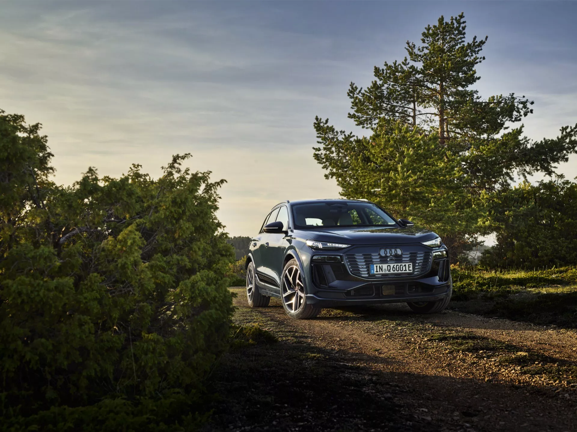 Trojštvrťový predný pohľad na Audi Q6 e-tron 2024 zaparkované vonku na ceste uprostred prírody, fotografované v teplom zlatom rannom alebo popoludňajšom svetle. Zvýšený uhol zobrazuje výraznú prednú masku s centrálnym emblémom, elegantné svetlomety naznačujúce pokročilú LED alebo Matrix LED technológiu a výrazné športové zliatinové kolesá. Fotografia obsahuje prírodné prvky v pozadí, čo poukazuje na všestranné využitie vozidla v mestskom prostredí aj pri ľahkých terénnych aktivitách.