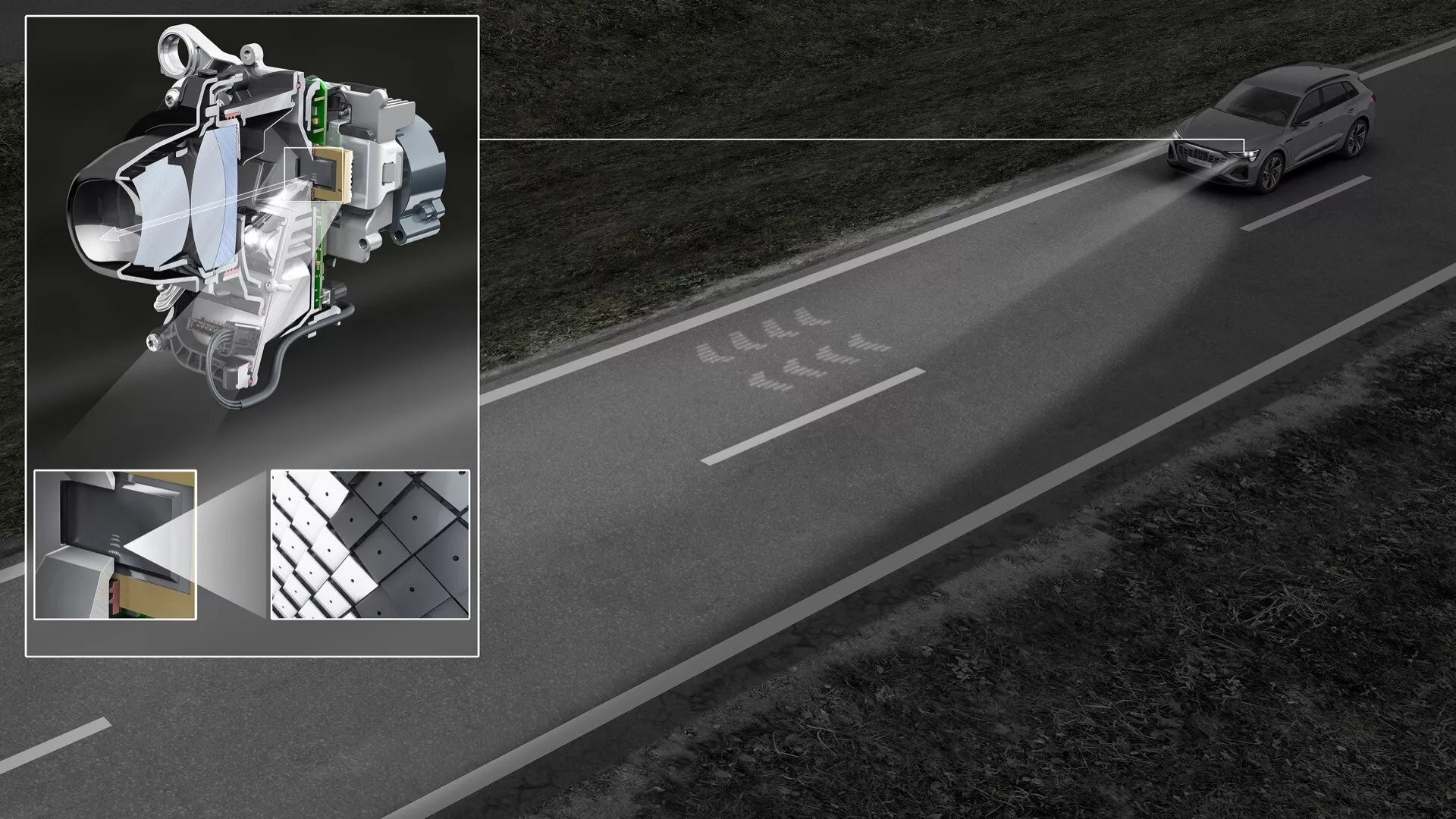 Kompozitný obrázok zdôrazňujúci pokročilé senzorové systémy Audi Q8 e-tron 2023 pre asistovanú jazdu, zobrazujúci zdvihnutý pohľad na auto na ceste za súmraku, explózny pohľad na rohový modul ukazujúci komponenty riadenia a zavesenia, a vložky demonštrujúce technológiu senzorov na ceste a v vozidle pre asistencia udržiavania pruhu a interakciu s inteligentnými dopravnými systémami.