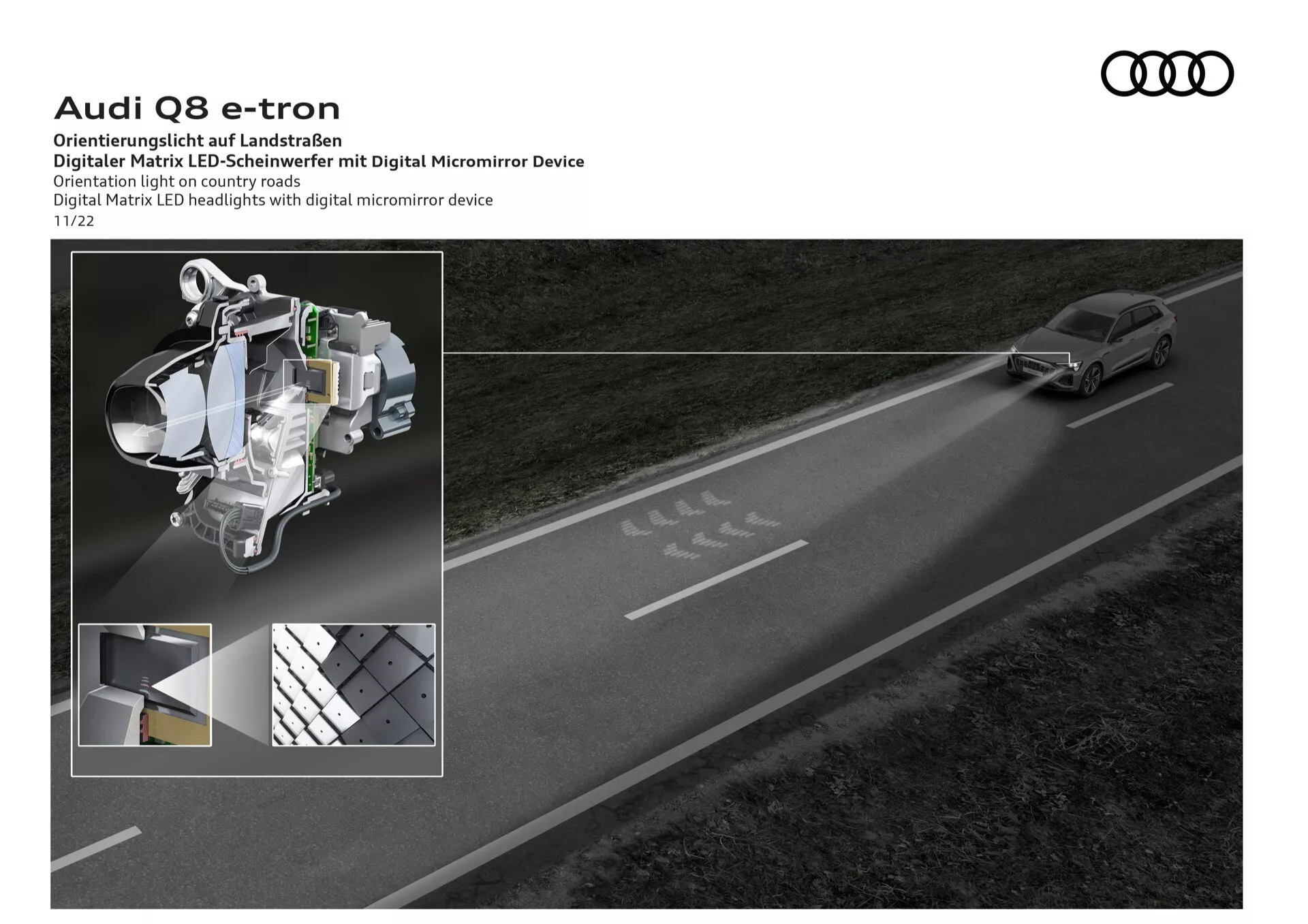 Audi Q8 e-tron 2023 idúce po nočnej vidieckej ceste, prezentujúce pokročilú technológiu LED svetlometov z výšky z pohľadu spredu zľava, vrátane detailného vložku komponentov svetlometu