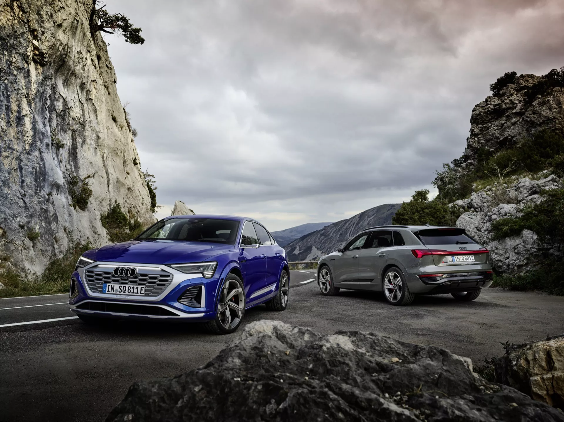 Audi Q8 e-tron a Audi Avant z roku 2023 na pozadí hôr s dramatickou atmosférou, predvádzajú aerodynamický dizajn a pokročilé technologické funkcie počas zamračeného dňa