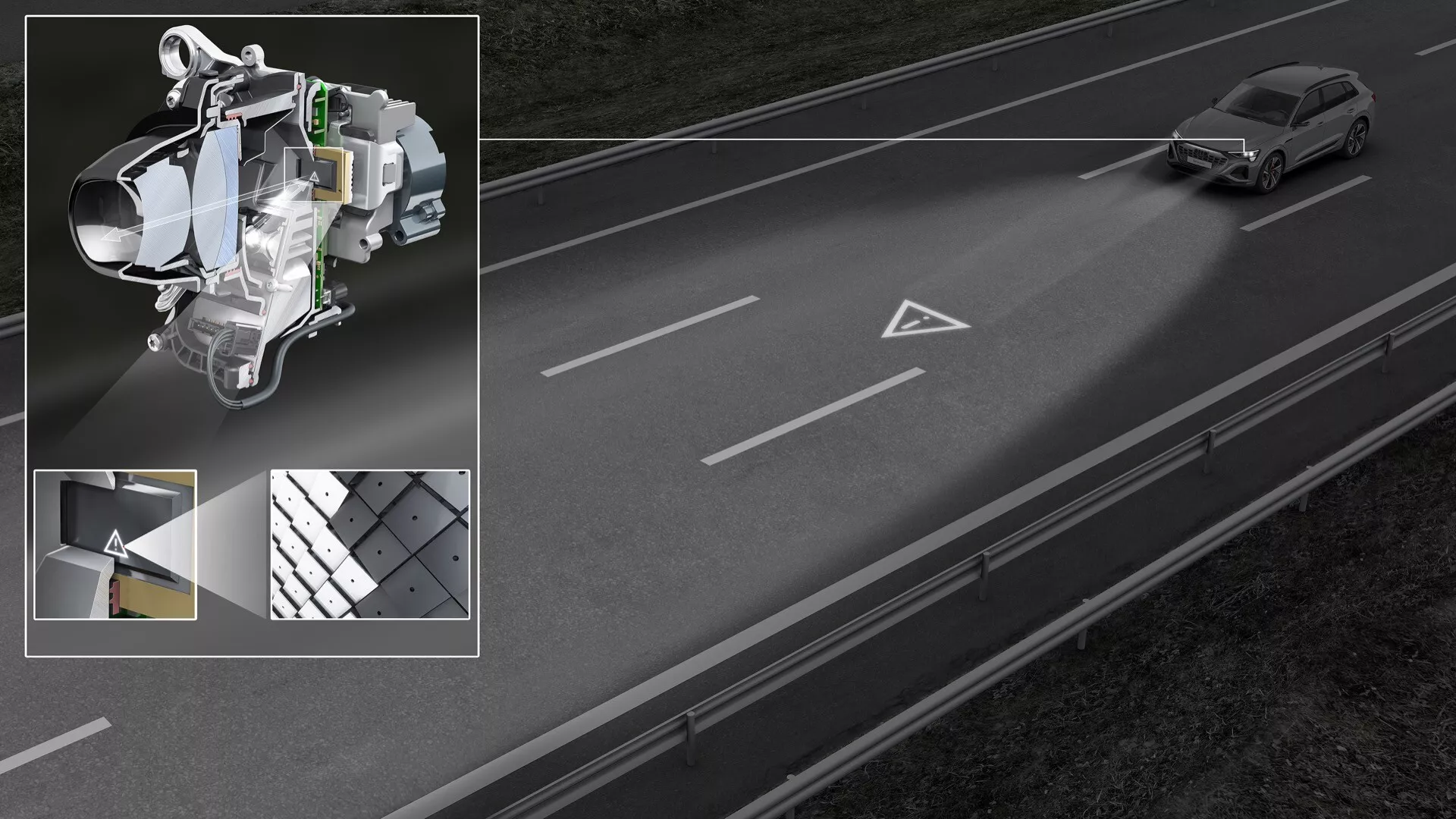 Audi Q8 e-tron GE 2023 s pokročilým systémom asistencie vodiča, s pohľadom zhora na sedan v pravom jazdnom pruhu a detailnými výrezmi technológie vrátane mechanizmu senzora, vzoru dezénu pneumatiky a ilustrácie zloženia materiálu