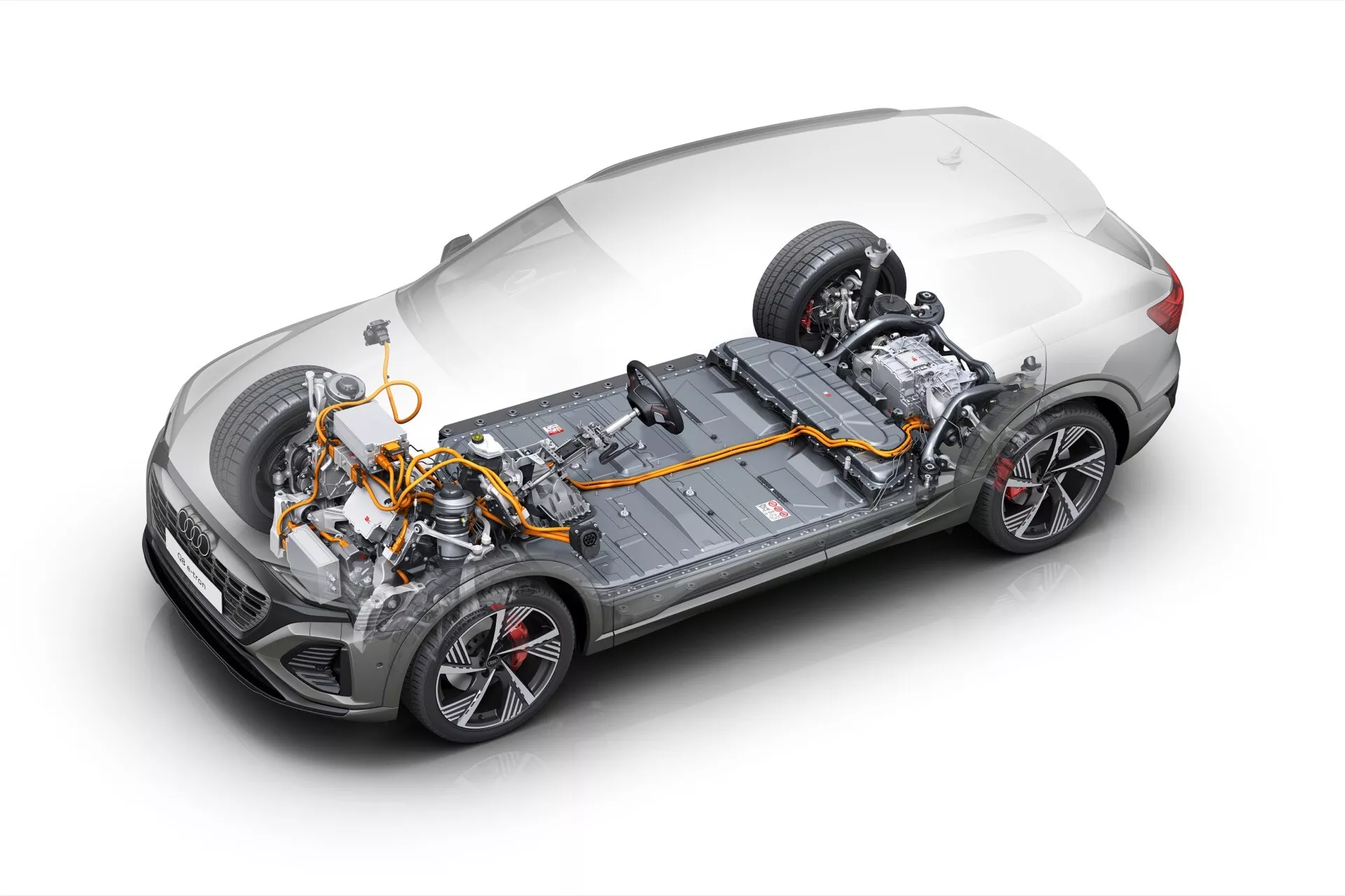 Digitálne vylepšený obrázok Audi Q8 e-tron 2023 zobrazujúci polopriehľadný pohľad ukazujúci elektrický pohon a vnútorné komponenty z vysokého uhla prednej pravej strany
