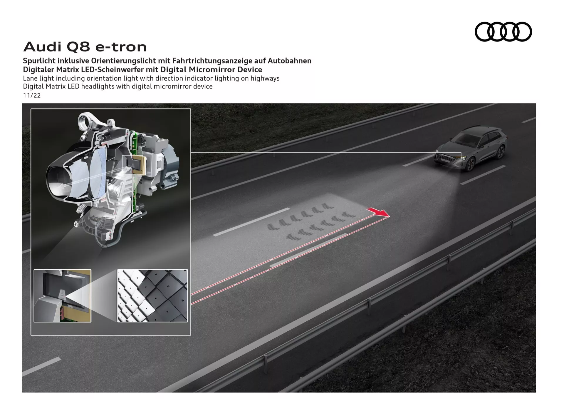 Audi Q8 e-tron 2023 ukazujúci Digital Matrix LED svetlomety projektujúce navigačné šípky na diaľnici, prezentujúci pokročilú technológiu svetlometov s detailnými vložkami vnútorných vzorov, svetelných prvkov a mikrozrkadlovú technológiu pre skutočnú smerovú orientáciu.