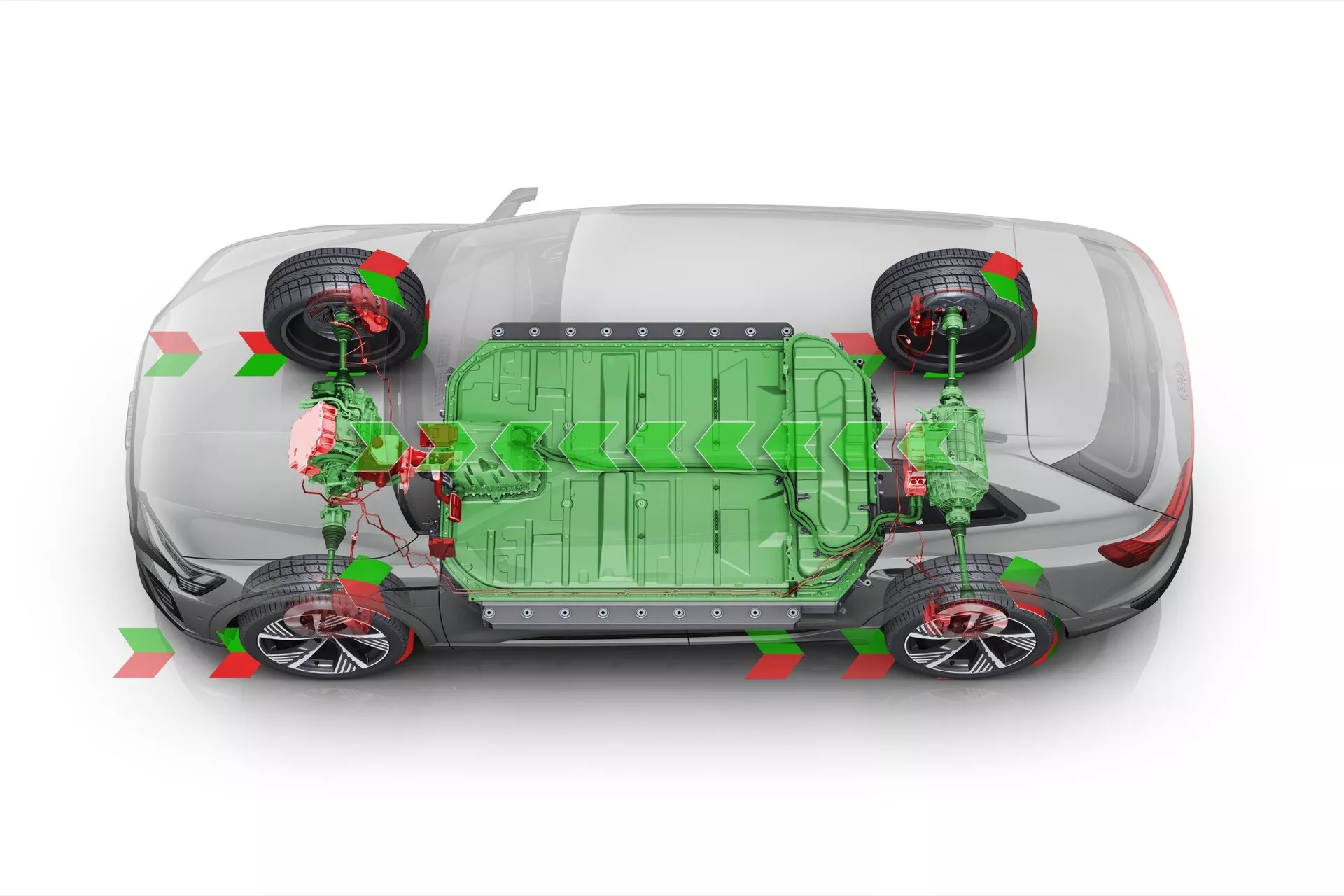 Detailný transparentný pohľad zhora na Audi Q8 e-tron 2023 odhaľujúci vnútorné komponenty vrátane veľkého zeleného batériového balíka a elektrických motorov pohonu všetkých kolies