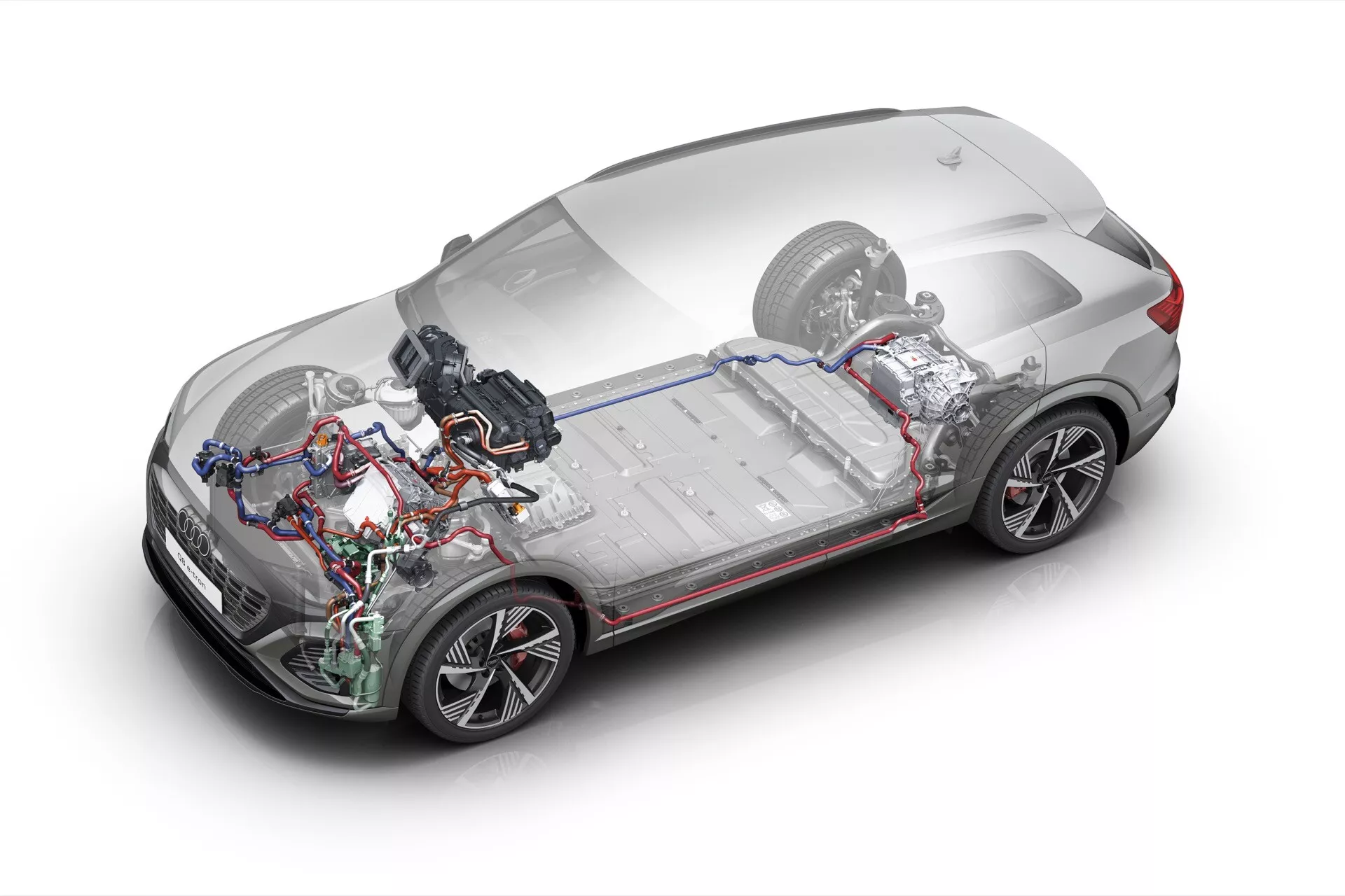 Audi Q8 e-tron 2023 vo vysokej trojštvrťovej prednej pohľade s priesvitným rezom odhaľujúcim elektrický pohon a batériový balík na izolovanom pozadí