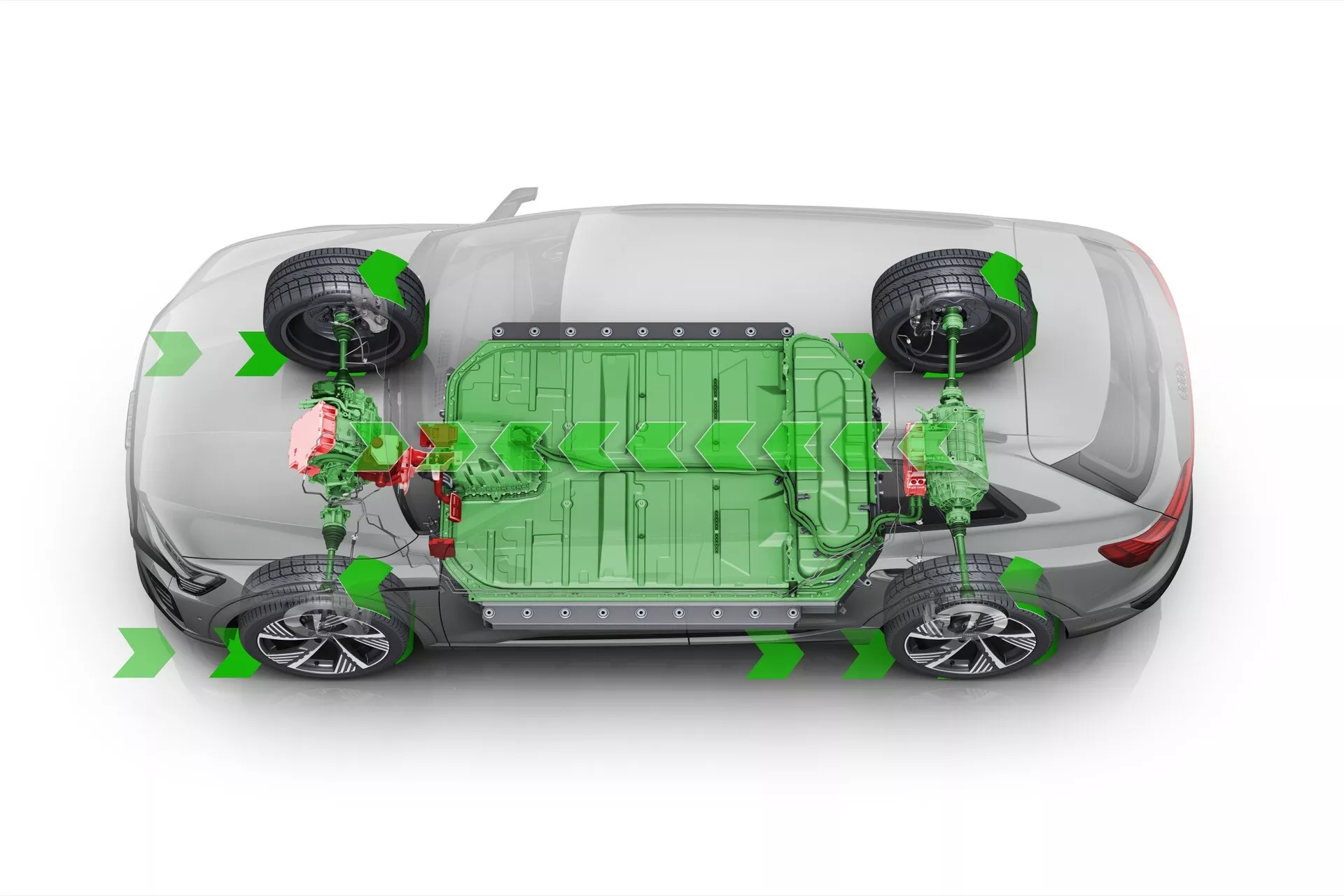 Pohľad zhora na Audi Q8 e-tron 2023 odhaľujúci vnútornú technológiu elektrického pohonu, vrátane veľkého centrálnego batérie a individuálnych motorov pre každé koleso pre pohon všetkých kolies, zvýraznené zelenými smerovými šípkami a polopriehľadnými dizajnovými prvkami.