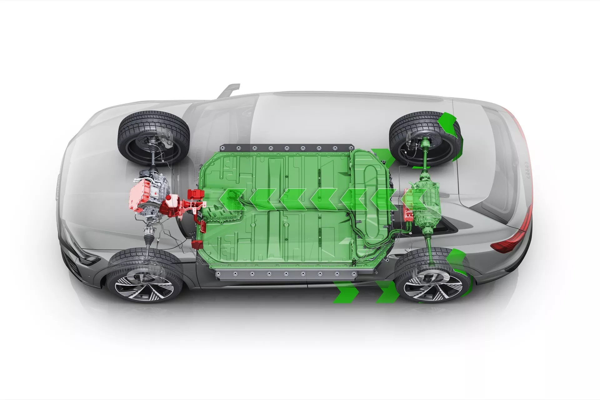 Grafické znázornenie modelu Audi Q8 e-tron 2023 s dôrazom na vnútorné elektrické komponenty a batériový blok s farebne kódovanými časťami, zobrazené z pohľadu zhora na bielom pozadí