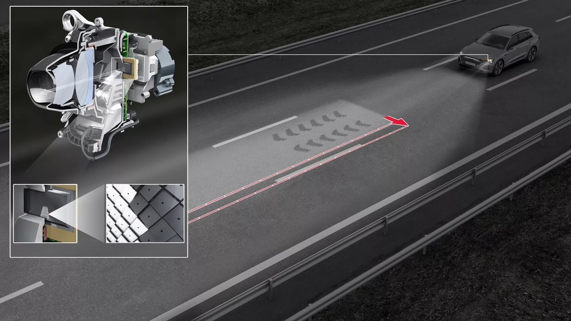 Audi Q8 e-tron 2023 predvádza pokročilú technológiu svetlometov na nočnej ceste, s adaptívnymi svetelnými vzormi a detailným záberom na LED alebo laserové svetlomety a termálne zobrazovanie