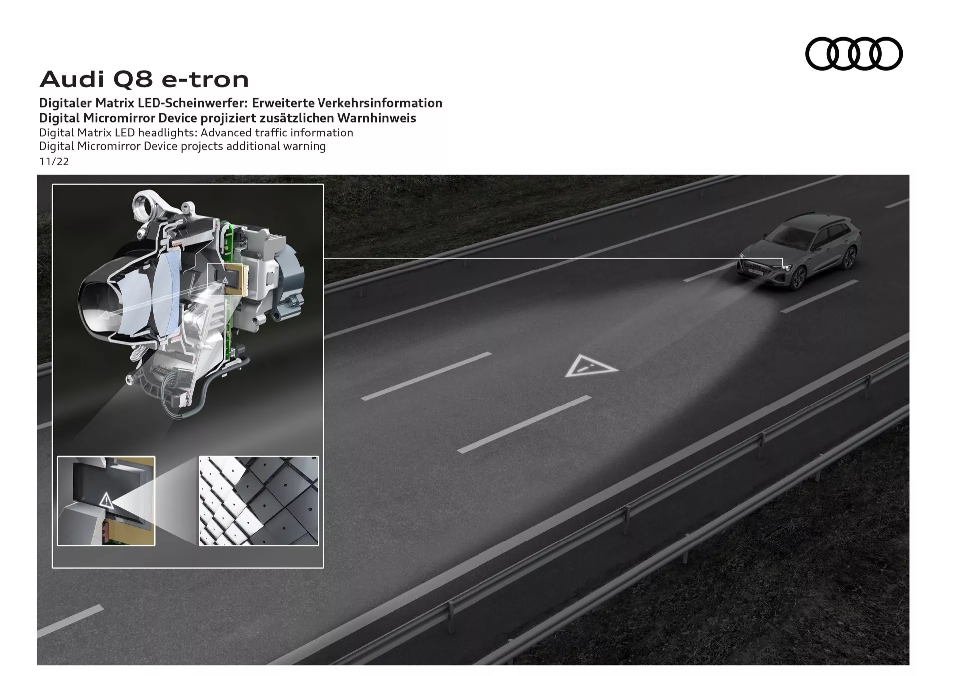 Audi Q8 e-tron 2023 predvádza pokročilú technológiu LED svetlometov s digitálnymi maticovými komponentmi a dynamickým tvarovaním zväzku, po boku zobrazenia vozidla využívajúceho navigáciu jazdnými pruhmi a projekciu dopravných informácií na dvojprúdovej ceste
