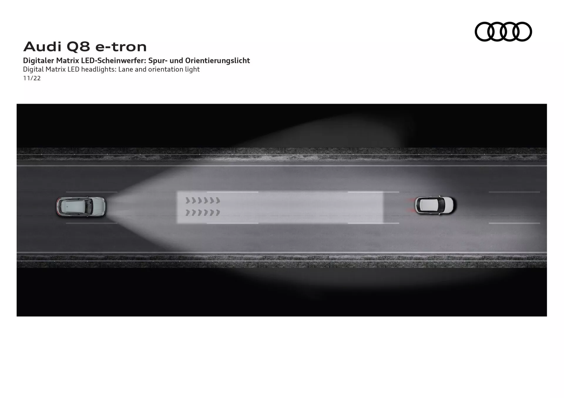 Audi Q8 e-tron 2023 predvádza svetlomety Digital Matrix LED s technológiou svetiel pre jazdný pruh a orientáciu z vtáčej perspektívy, zdôrazňujúc pokročilé osvetľovacie schopnosti v tmavom prostredí
