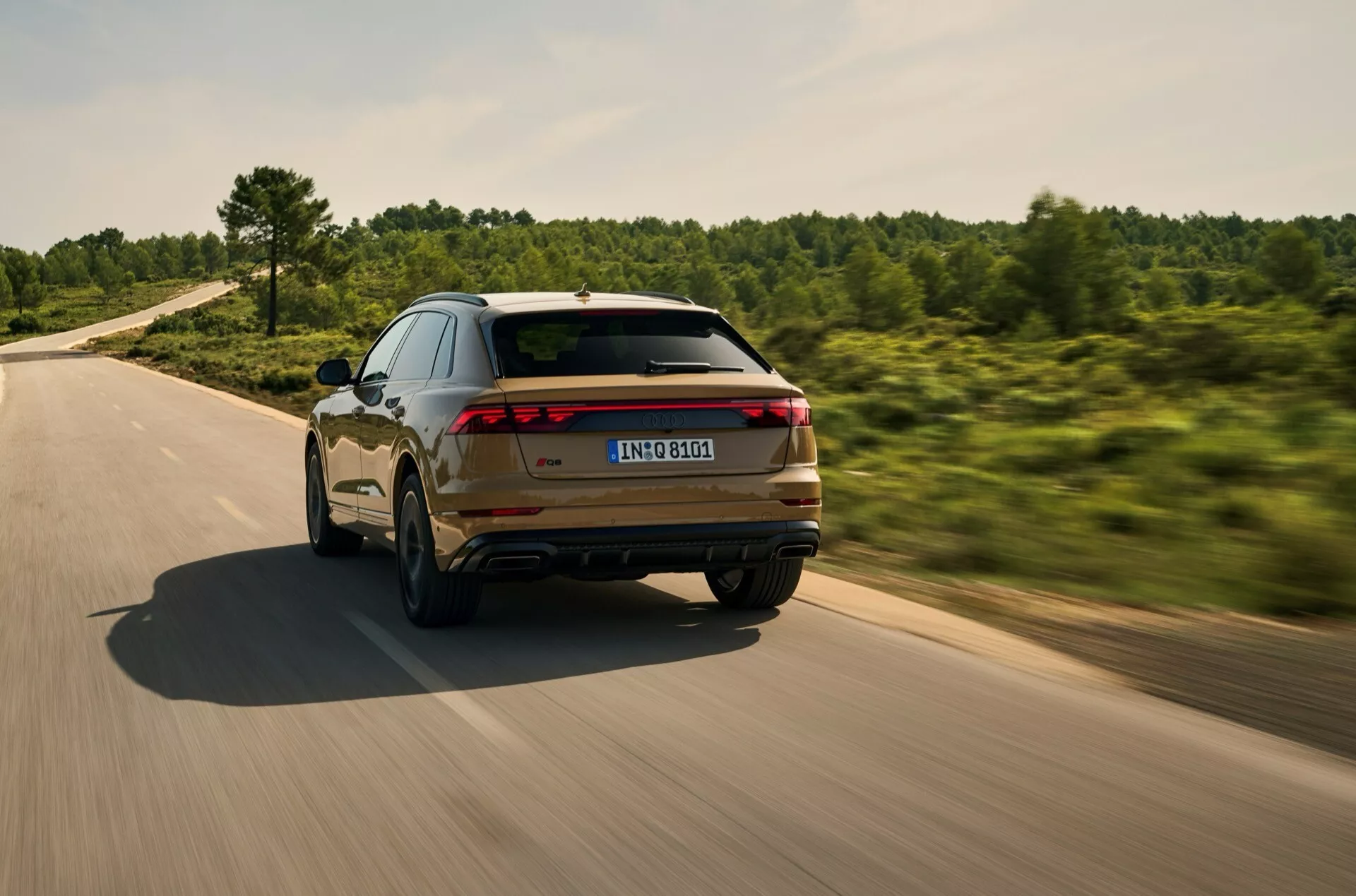 Audi Q8 2023 (4M-Facelift) odchádzajúce po ceste, ukazuje zadný uhol s nepretržitým pásom zadných svetiel, strmým sklom zadného okna, spojlerom na streche a rozmazaním pohybu na zliatinových kolesách, obklopené zelenou.