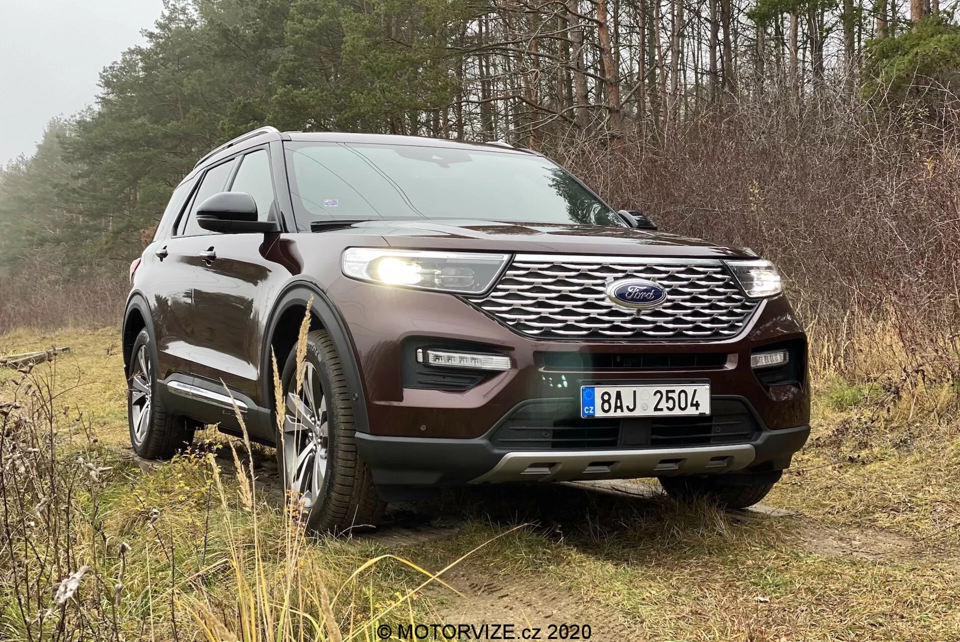 SUV Ford Explorer z roku 2019 je zaparkovaný na trávnatom alebo podraste v prírodnom alebo lesnom prostredí, s pozadím stromov. Snímka z predného trojštvrťového uhla ukazuje čelný a bočný profil vozidla, vrátane podrobností ako mriežku, svetlá, hmlovky, kolesá a predný nárazník. Viditeľné sú funkcie ako predný radarový alebo senzorový systém pre adaptívny tempomat, zložité LED svetlá a zliatinové kolesá. Vozidlo má tiež prednú ochrannú dosku, systém montáže strešných nosičov a možno aj panoramatickú strechu. Fotografiu nasnímali za prirodzeného, zatiahnutého osvetlenia, zdôrazňujúc dizajn vozidla a jeho vhodnosť pre off-road prostredia.