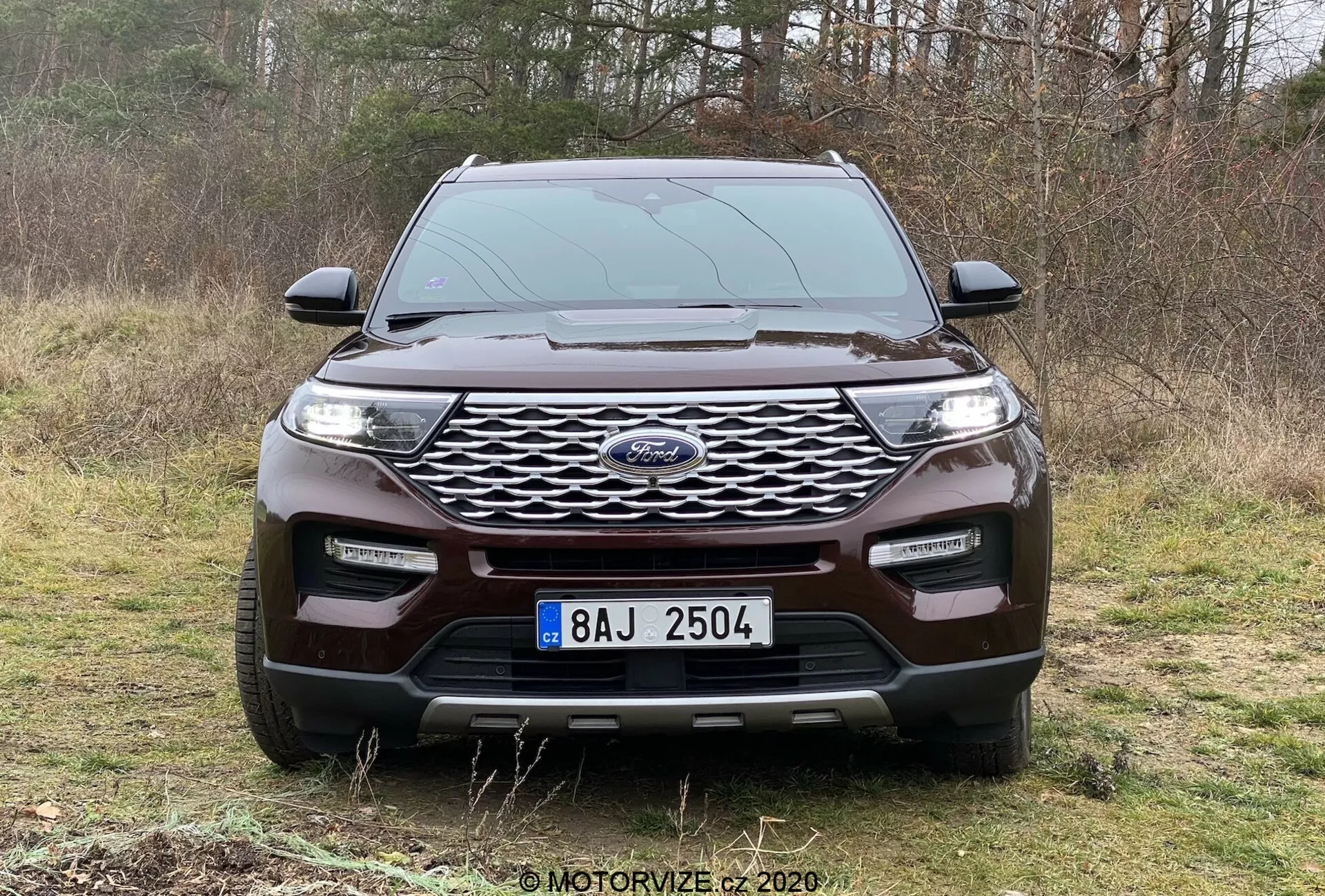 Predný pohľad na SUV Ford Explorer 2019, zaparkovaný na trávnatej ploche s lesmi v pozadí, ukazuje moderný vzhľad vozidla. Výrazná mriežka s centrálnym znakom, elegantné LED svetlomety, robustný predný nárazník s hmlovkami, strieborný prvok pre robustný vzhľad a aerodynamické kontúry kapoty. Vhodné na diskusiu o dizajne vozidiel, bezpečnostných technológiách a off-roadových schopnostiach.