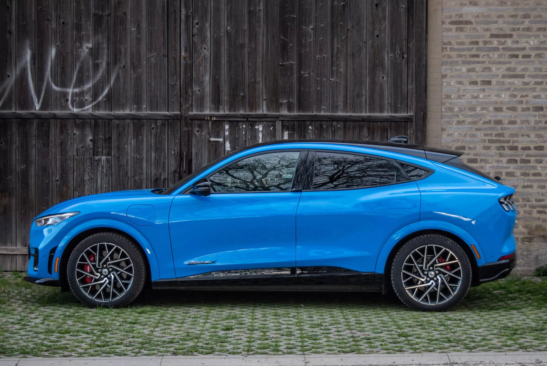 Modré crossover SUV Ford Mustang Mach-E 2020 zaparkované paralelne k rustikálnym dreveným garážovým dverám s graffiti, bočný pohľad predvádzajúci aerodynamický dizajn, kupé-štýlovú sklonenú strechu, model s štyrmi dverami so zapracovanými kľučkami, aerodynamicky štýlované bočné zrkadlá s integrovanými smerovkami, veľké dvojfarebné zliatinové kolesá s červenými brzdovými strmienkami, miernu svetlú výšku, kontúrovanú karosériu so sochárskymi líniemi a výraznými blatníkmi, zužujúci sa priebeh okien s malým štvrtým oknom za stĺpikom C a športové prahy