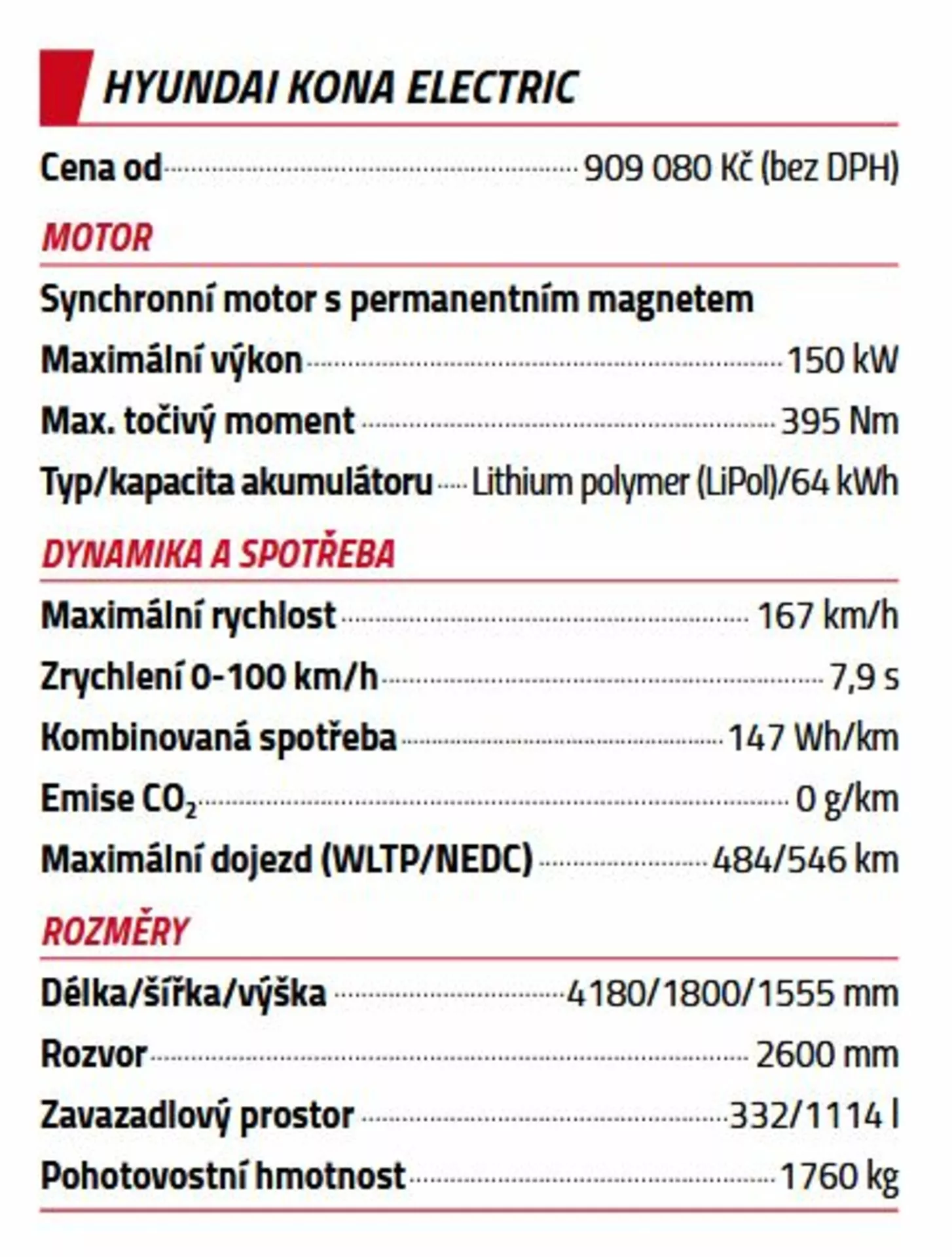 Podrobný špecifikačný list pre Hyundai Kona Electric 2021, ktorý zdôrazňuje cenu, špecifikácie motora, dynamiku, spotrebu a rozmery vo formáte červeno-bielej tabuľky