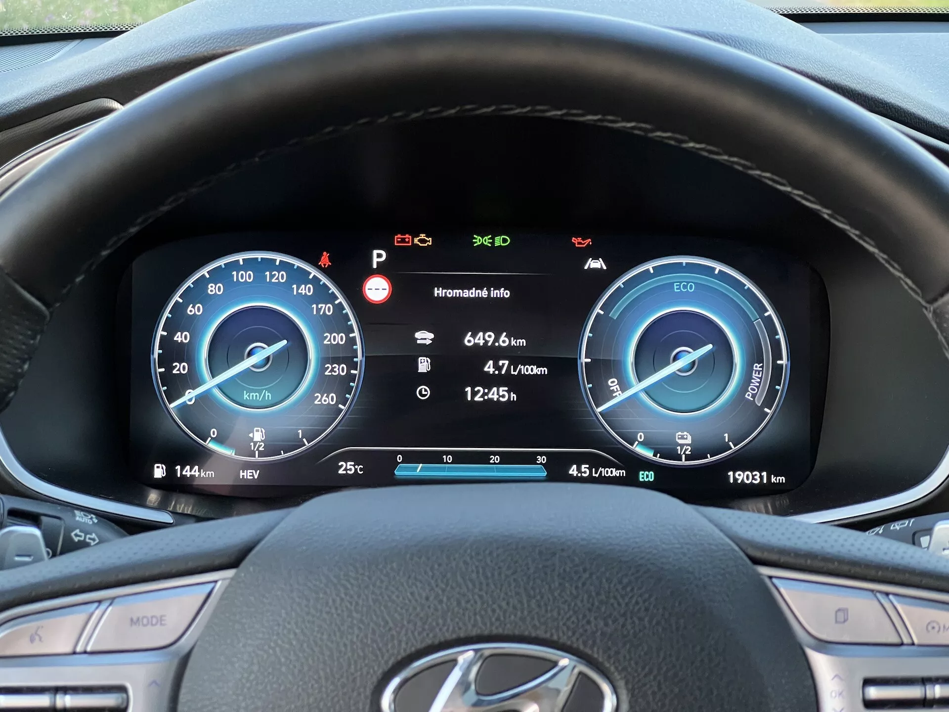 Interiérový záber na Hyundai Santa Fe 2020 z pohľadu vodiča, zameraný na prístrojový panel. Obrázok zobrazuje volant s multifunkčnými tlačidlami pre tempomat, médiá a nastavenia vozidla; na ľavej strane je viditeľné tlačidlo 'MODE'. Za volantom je digitálny prístrojový panel s tachometrom s rozmedzím od 0 do 260 km/h a ukazovateľom výkonu v režime ECO, čo naznačuje hybridný pohon. Displej tiež obsahuje ukazovateľ paliva, ikonu parkovacej brzdy, varovanie o otvorených dverách, upozornenia na údržbu a svetlá. Odometer ukazuje 19 031 kilometrov s počítadlami jázd a rôznymi informačnými ikonami na dne.