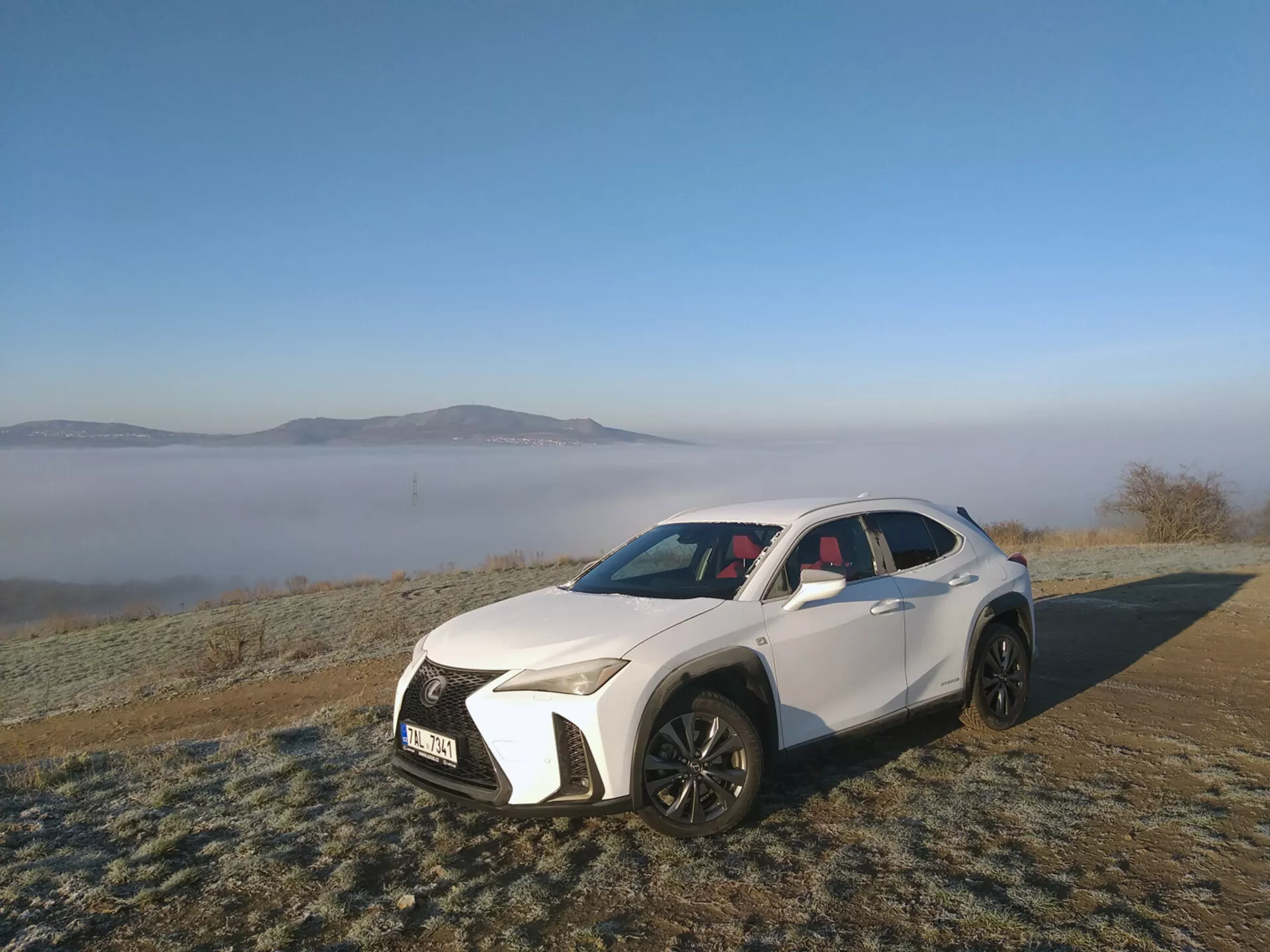 Biely športový úžitkový vozidlo Lexus UX z roku 2019 zaparkovaný vonku na tráve pokrytej námrazou, ktoré vystavuje svoje uhlové LED predné svetlá, veľkú mriežku s uzorom sieťky, športové vstupy vzduchu, kontúrovanú kapotu, čierne zliatinové kolesá s viacprvkovým dizajnom, panoramatickú strechu a súčasné dizajnové prvky na pozadí malebnej hmloviny ranného prostredia.