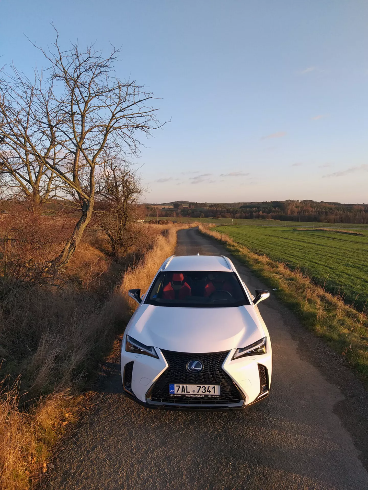 Lexus UX 2019 zobrazený z vysokého čelného uhla na vidieckej ceste, predstavuje mriežku v tvare vretena, LED svetlomety a aerodynamický dizajn kapoty naznačujúci pokročilú automobilovú technológiu.
