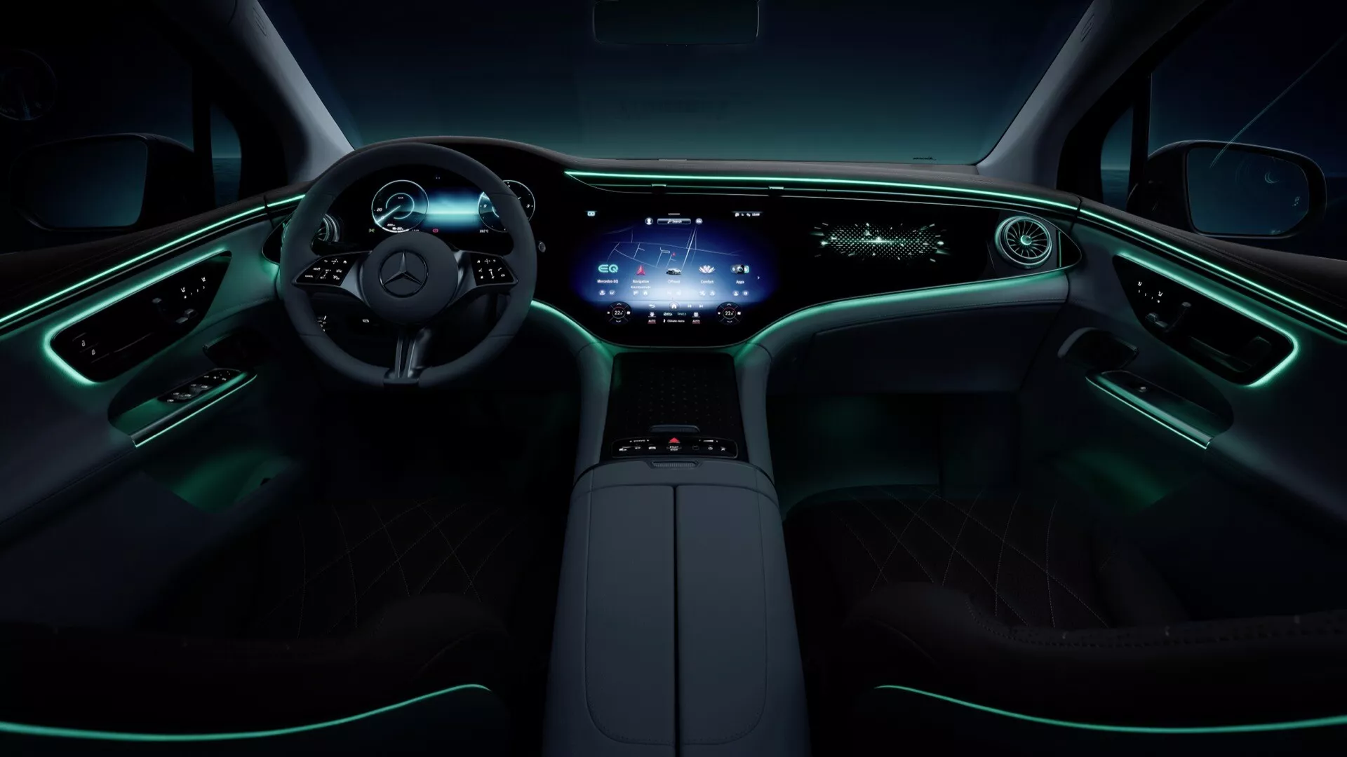 Interiér Mercedes-Benz EQE SUV 2023 s moderným dizajnom prístrojovej dosky, úplne digitálnym panelom prístrojov a veľkým dotykovým infotainment displejom s akcentmi ambientného osvetlenia