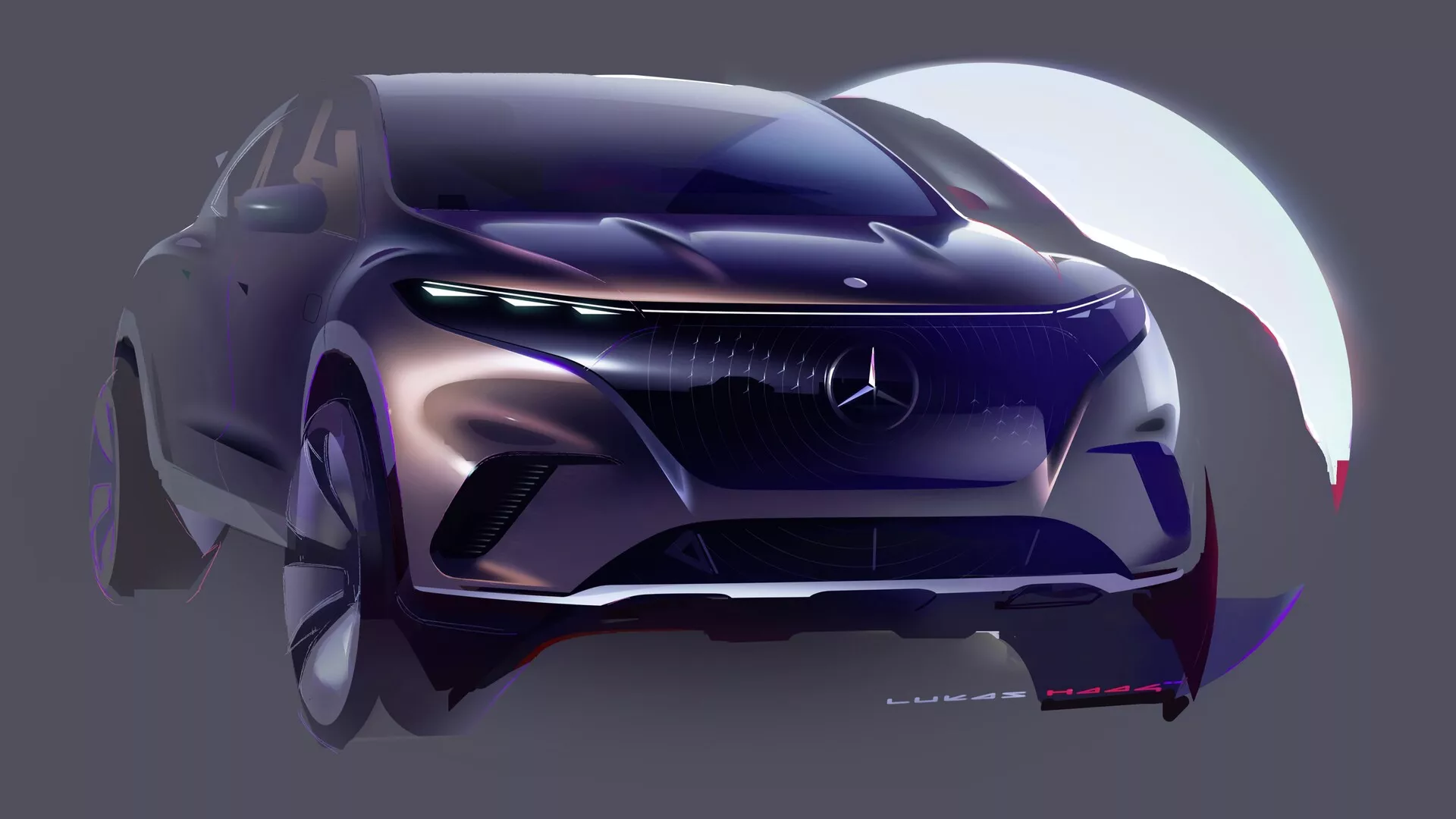 Predný trojštvrťový pohľad na Mercedes EQS SUV 2022 zobrazujúci jeho výraznú mriežku s pokročilým trojrozmerným efektom, agresívny dizajn nárazníka s výraznými prívodmi vzduchu, LED svetlá, tvarovanú kapotu s aerodynamickými kontúrami a dynamické rozmazanie predného kolesa proti gradientnému pozadiu.