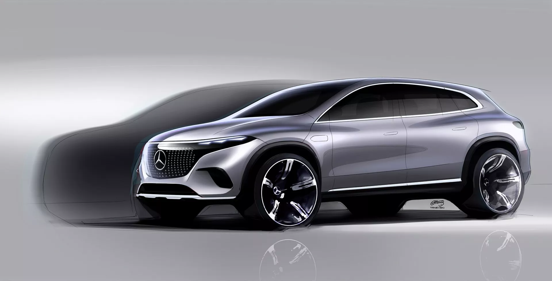 Mercedes EQS-SUV 2022 zobrazený v štúdiu z prednej trojštvrťovej perspektívy. Medzi hlavné prvky patrí veľká výrazná mriežka, elegantné LED svetlomety, senzory naznačujúce autonómne funkcie, aerodynamický profil s klesajúcou líniou strechy, metalický lak a veľké zliatinové kolesá. Obrázok má za cieľ predviesť luxus, moderný dizajn a výkonné schopnosti vozidla.