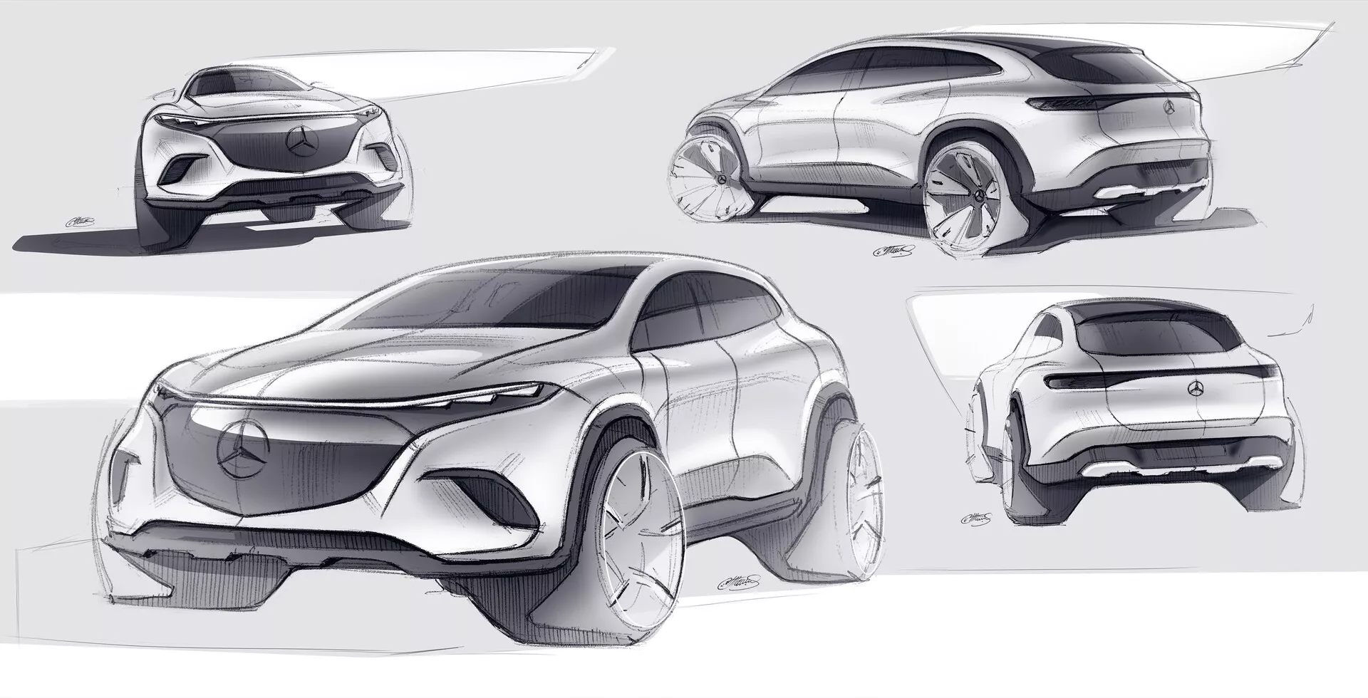 Konceptuálne skice vozidla Mercedes EQS-SUV 2022 zobrazujúce moderné, futuristické auto z rôznych uhlov pohľadu. Horný ľavý roh ukazuje dynamický uhol z troch štvrtín spredu, zdôrazňujúci prednú mriežku s veľkým emblémom Mercedes-Benz, úzke svetlomety a aerodynamické kolesá. Horný pravý roh zobrazuje bočný pohľad s hladkou líniou strechy, zapustenými kľučkami dverí a výraznými oblúkmi kolies. Dolný ľavý roh ponúka pohľad z prednej strany ukazujúci emblém a úzke svetlomety s veľkými prívodmi vzduchu v nárazníku. Dolný pravý roh zobrazuje uhol z troch štvrtín zozadu s elegantnými zadnými svetlami tiahnucimi sa po celej šírke vozidla, výrazným zadným nárazníkom a siluetou fastback. Dôraz na aerodynamiku a dizajn elektrických vozidiel.