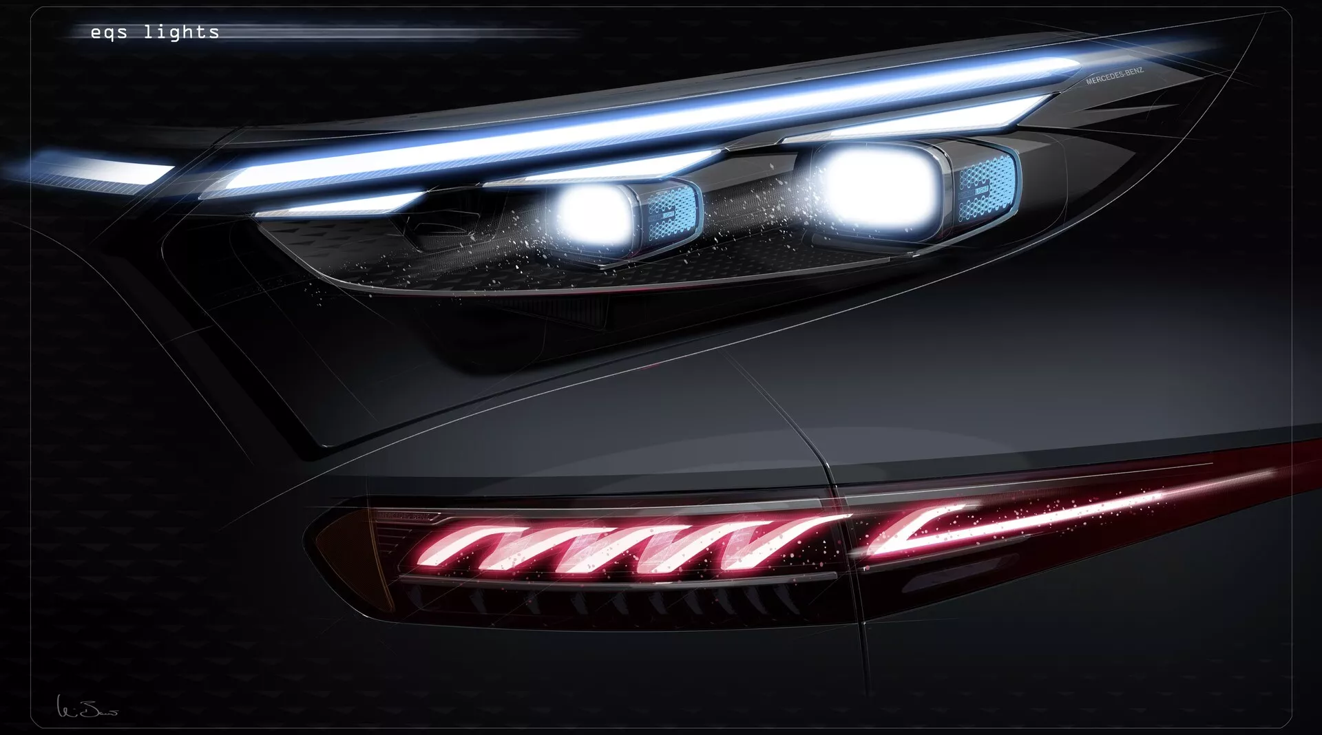Detailný záber na svetlomety a zadné svetlá Mercedes EQS-SUV 2022, s pokročilou LED alebo laserovou technológiou s charakteristickými ostrými obrysmi. Predný svetlomet obsahuje elegantné LED denné svetlá integrované hladko do karosérie, zvýrazňujúce prémiový dizajn. Zadné svetlo, zobrazené zo zadného uhla, ukazuje červené osvetlené segmenty s výraznou horizontálnou orientáciou, obkolesujúce zadnú časť vozidla pre lepšiu viditeľnosť. Obrázok je pravdepodobne digitálne vylepšený pre propagačné materiály.