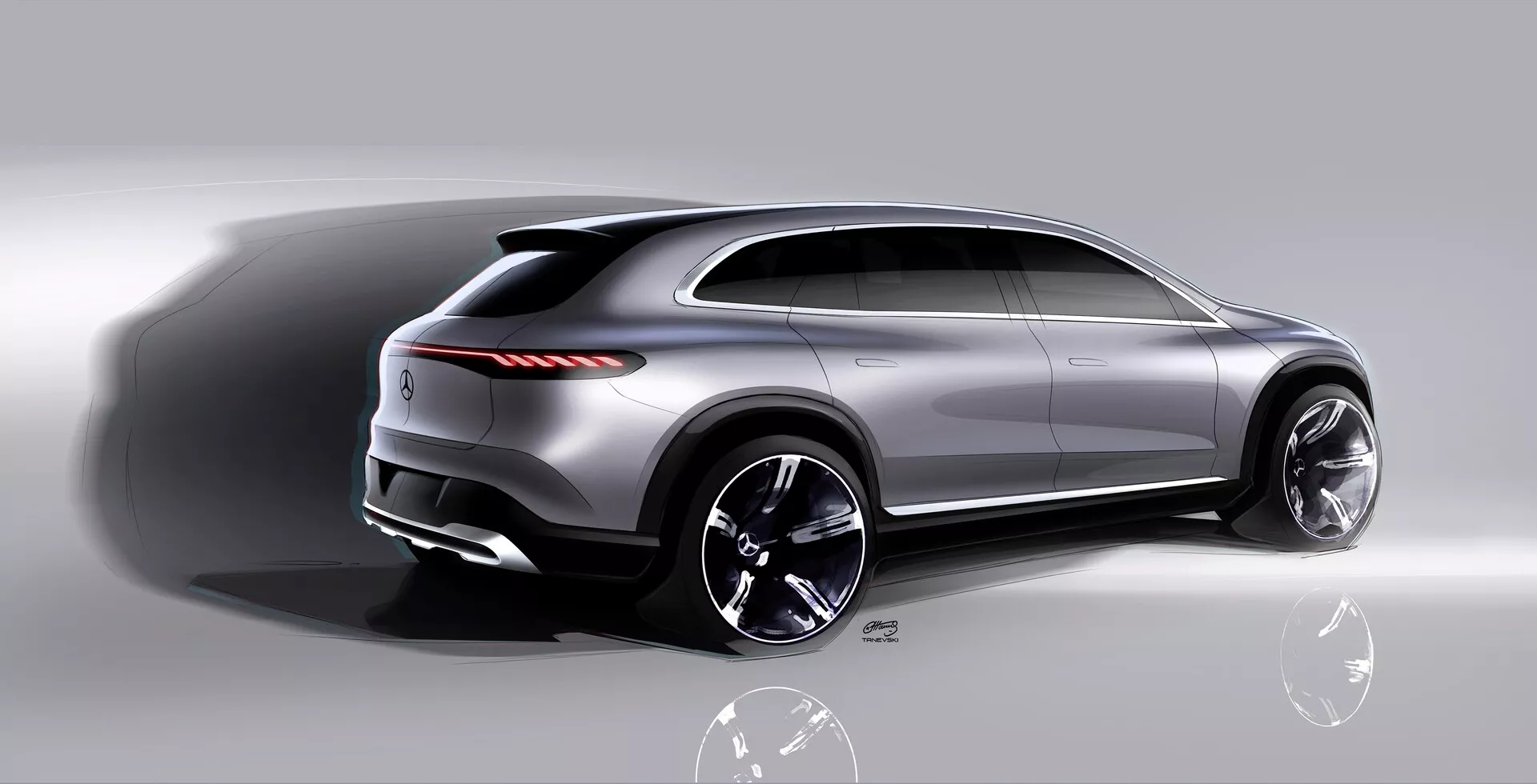 Digitálne renderovaný zadný trojštvťový pohľad na moderné SUV Mercedes EQS 2022, s hmotou športového kupé, kovovým lakom, štýlovými viaclúčovými zliatinovými kolesami, tenkými zadnými LED svetlami, strmo nakloneným zadným oknom s malým spojlerom, výraznou bočnou charakterovou líniou a dvojitými výfukmi. Obsahuje rozmazaný efekt pohybu, ktorý naznačuje rýchlosť a výkon.