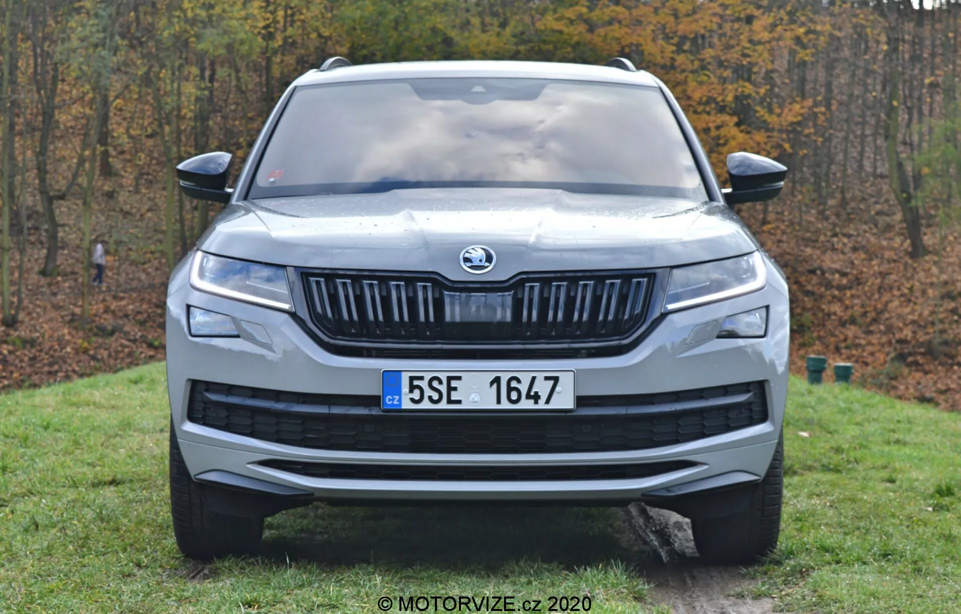 Pohľad na prednú časť vozidla Škoda Kodiaq 2017 umiestneného v trávnatej oblasti s lesom v pozadí, zvýrazňujúci jeho výrazné logo, mriežku s horizontálnymi lamelami, úzke svetlomety, centrálne umiestnenú registračnú značku, tvarovanú kapotu a aerodynamický dizajn nárazníka, zachytený za prirodzeného denného svetla.