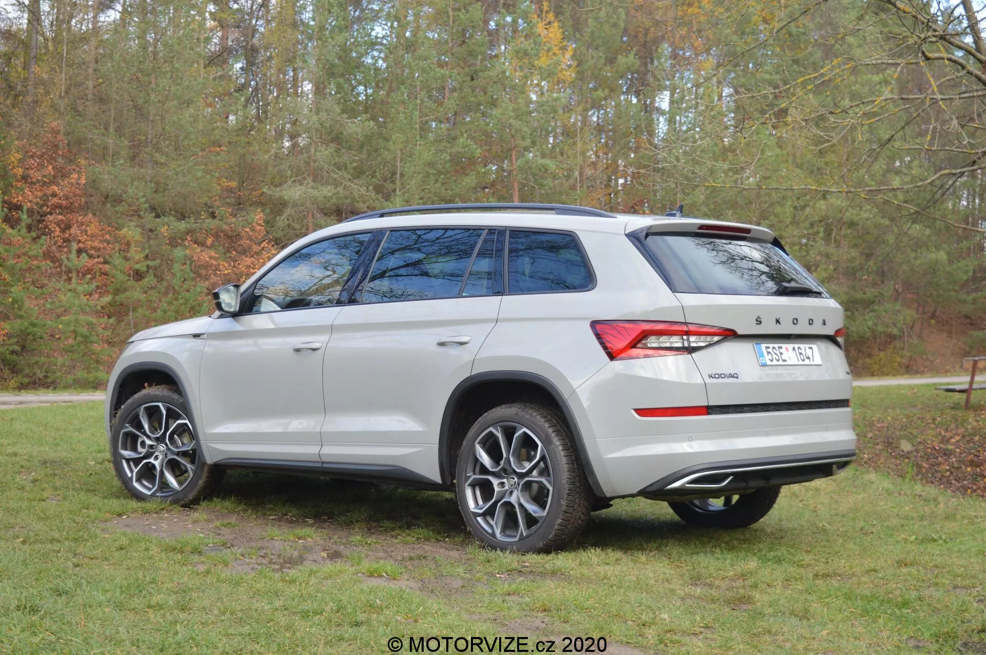 Obrázok Škody Kodiaq 2017 vyfotografovanej zo zadného trojštvrťového uhlu, zobrazujúci striebornú/svetlo šedú farbu vozidla, viacramenné zliatinové kolesá, tónované zadné okná, panoramatické strešné okno a charakteristický dizajn zadných svetiel. Auto je zaparkované vonku na pozadí stromov a trávy, čo naznačuje prírodné prostredie. Na zadných dverách sú viditeľné nápisy Škoda a znak pohonu '4x4'.