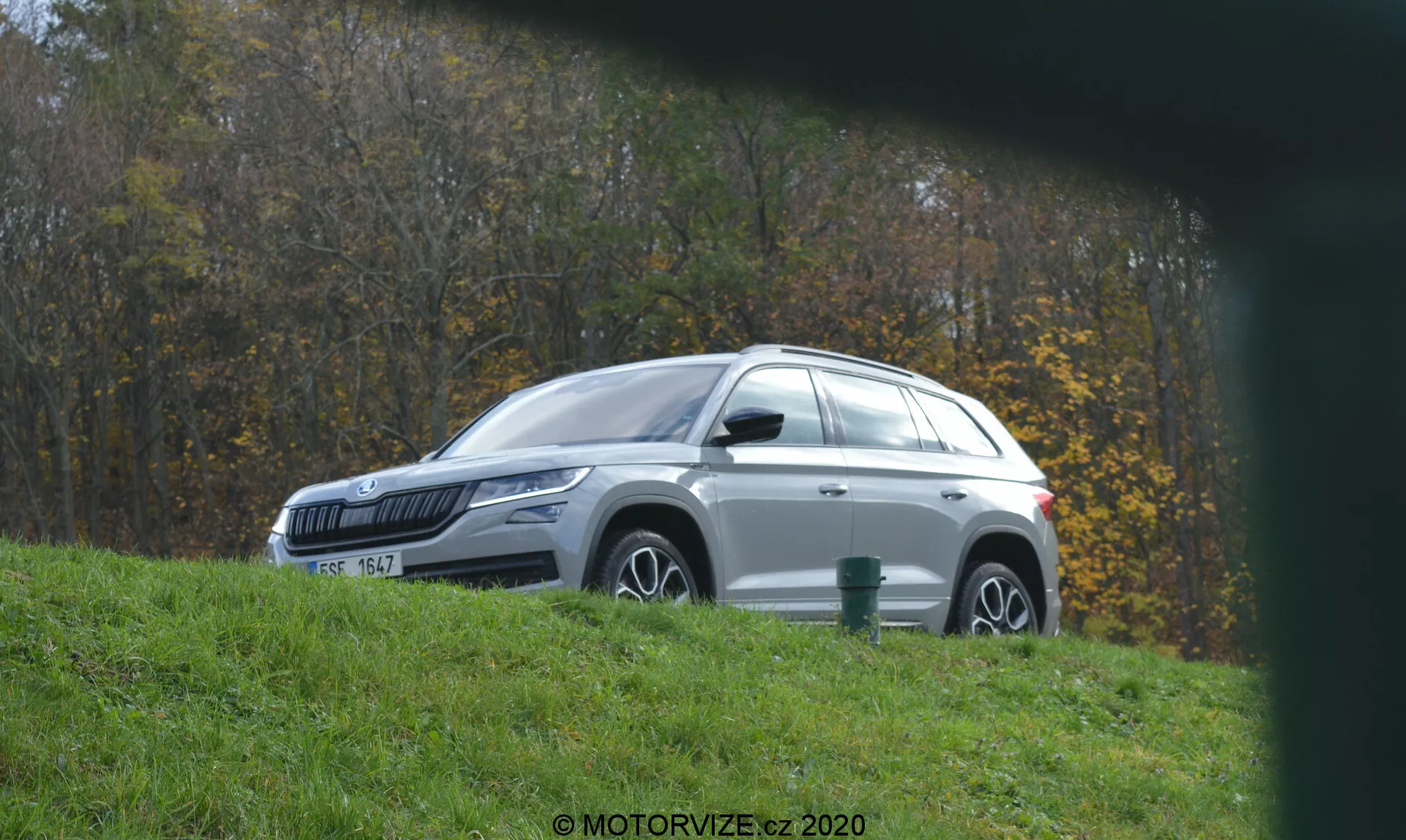 Bočný profil bieleho SUV Skoda Kodiaq 2017 zaparkovaného na trávnatom kopci, smerujúci doľava, s hliníkovými ráfikmi a kovovým lakom odrážajúcim slnečné svetlo. Prostredie zahŕňa lístie a stromy, čo naznačuje vidiecke alebo parkové prostredie. Pohľad z nízkeho uhla cez rozmazané popredie, vozidlo má moderné dizajnové prvky ako LED svetlá, zrkadlá s integrovanými smerovkami, tónované okná, strešné lišty a anténu v tvare žraločej plutvy.