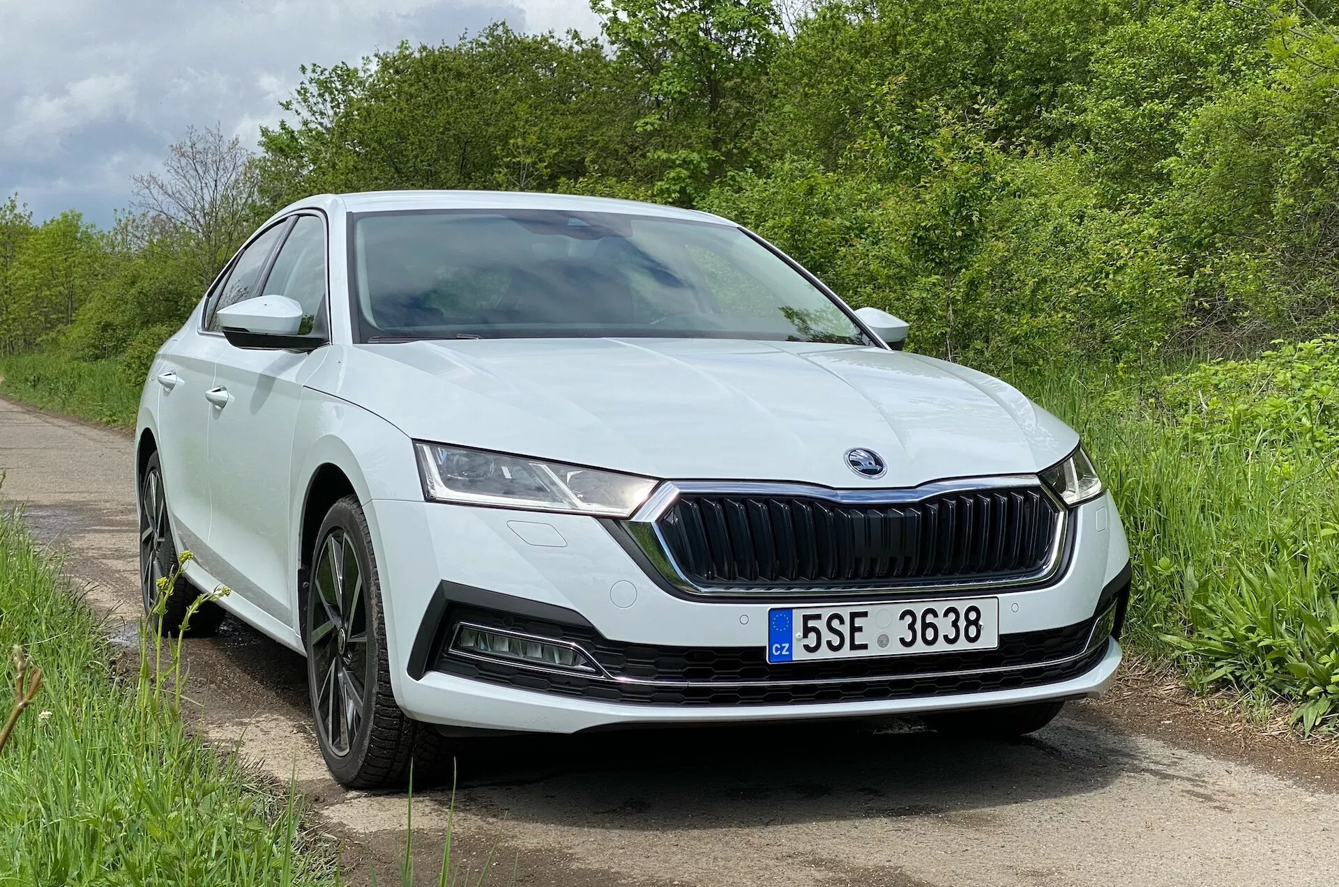 Detailný záber na modernú Škoda Octavia Limousine 2020 z trojštvrťového predného pohľadu, zdôrazňujúci výraznú prednú mriežku s vertikálnymi lamelami, elegantné LED svetlá, kontúrované línie kapoty, sofistikovaný predný nárazník s hmlovými svetlami alebo senzormi a viacpaprskové liatinové kolesá, s prírodným zeleným pozadím.