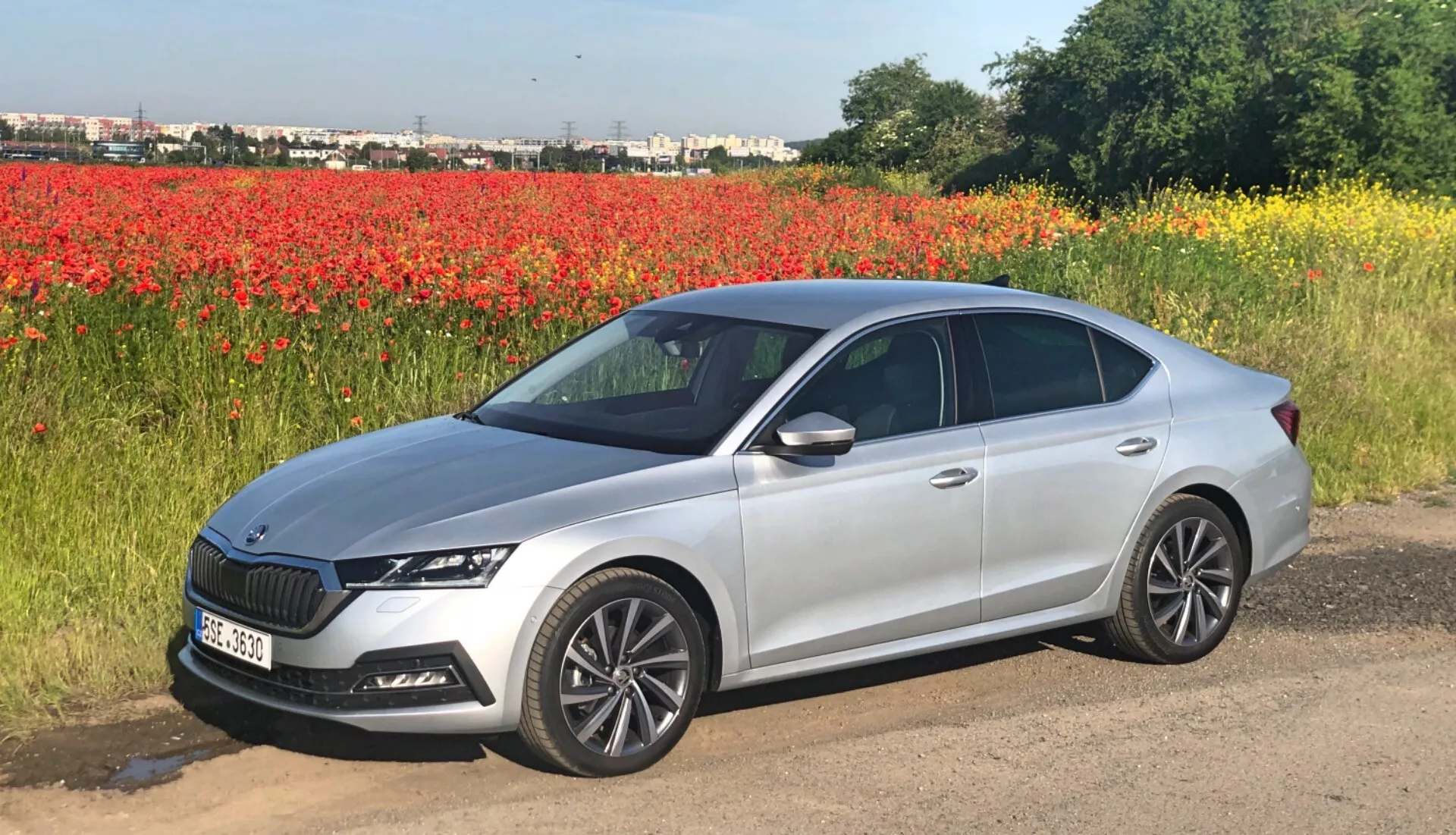 Obrázok sedanu Škoda Octavia 2020 vo svetlej striebornej metalíze, zaparkovaného na ploche vedľa poľa červených kvetov, pravdepodobne makov, pod jasnou oblohou. Fotografia zachytáva celý profil vozidla z bočného uhla, zdôrazňujúc jeho čistý, moderný dizajn a lesklý povrch. Viditeľné prvky zahŕňajú výraznú ramennú líniu, elegantné bočné zrkadlá s integrovanými smerovými svetlami, farebne zladené kľučky dverí, viacramenné hliníkové kolesá, tenké LED svetlomety a čiastočne viditeľnú mriežku chladiča s veľkým stredovým emblémom orámovaným chrómovými alebo striebornými akcentmi. Zadné svetlá obopínajú bočné panely a okuláre auta majú ľahkú farbu. Obrázok ukazuje profil vozidla na malebnom prirodzenom pozadí a zdôrazňuje jeho súčasnú estetiku.