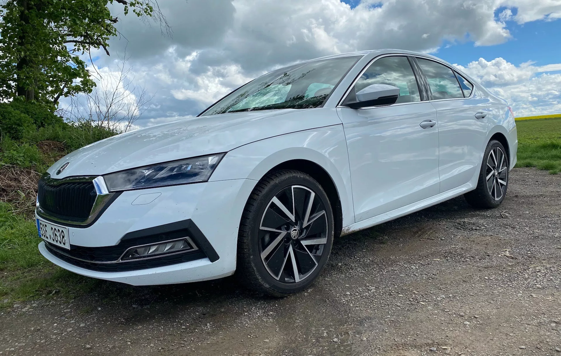 Tento obrázok zobrazuje limuzínu Škoda Octavia 2020 z nízkeho uhla tri štvrtiny spredu, zdôrazňujúc mriežku, svetlomety a dizajn predného kolesa. Fotografované z úrovne terénu, záber zdôrazňuje postoj vozidla, čím ho robí pôsobivejším. Ukazuje ľavý bok vozidla z mierne predného uhla, ponúkajúc pohľad na prednú časť a bočný profil. Biele sedan je fotografované za denného svetla na vidieckom pozadí s vegetáciou a čiastočne oblačnou oblohou na poludnie. Výrazný dizajn svetlometov s LED dennými svetlami, charakteristická mriežka s emblémom značky, viaclúžkové kolesá z ľahkých zliatin a zrkadlá s integrovanými indikátormi sú dobre viditeľné spolu s prvkami naznačujúcimi nasávanie vzduchu alebo bezpečnostné senzory na prednom nárazníku. Auto vyzerá ako nové alebo dobre udržiavané, s jemným tónovaním okien a čistým povrchom, vhodné pre predajné ponuky alebo automobilové recenzie.