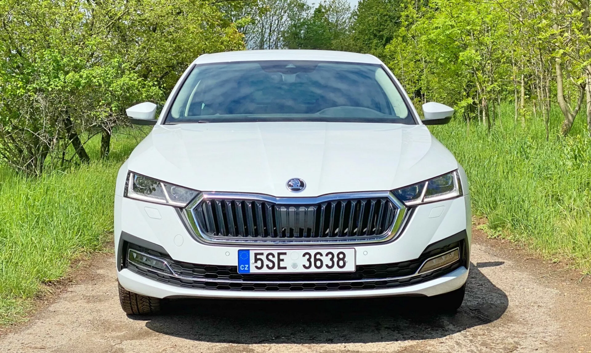 Predný pohľad na bielu Škodu Octavia 2020 (Octavia-Limousine) na štrkovej ceste. Obrázok zachytáva celú prednú časť, vrátane výraznej mriežky s vertikálnymi lamelami, elegantných LED svetiel, hladko integrovaného predného nárazníka a minimalistických spodných vzduchových otvorov. Kapota má jemné obrysové línie a znak výrobcu je umiestnený centrálne na mriežke. Auto je v prirodzenom prostredí so zeleňou a listami v pozadí.