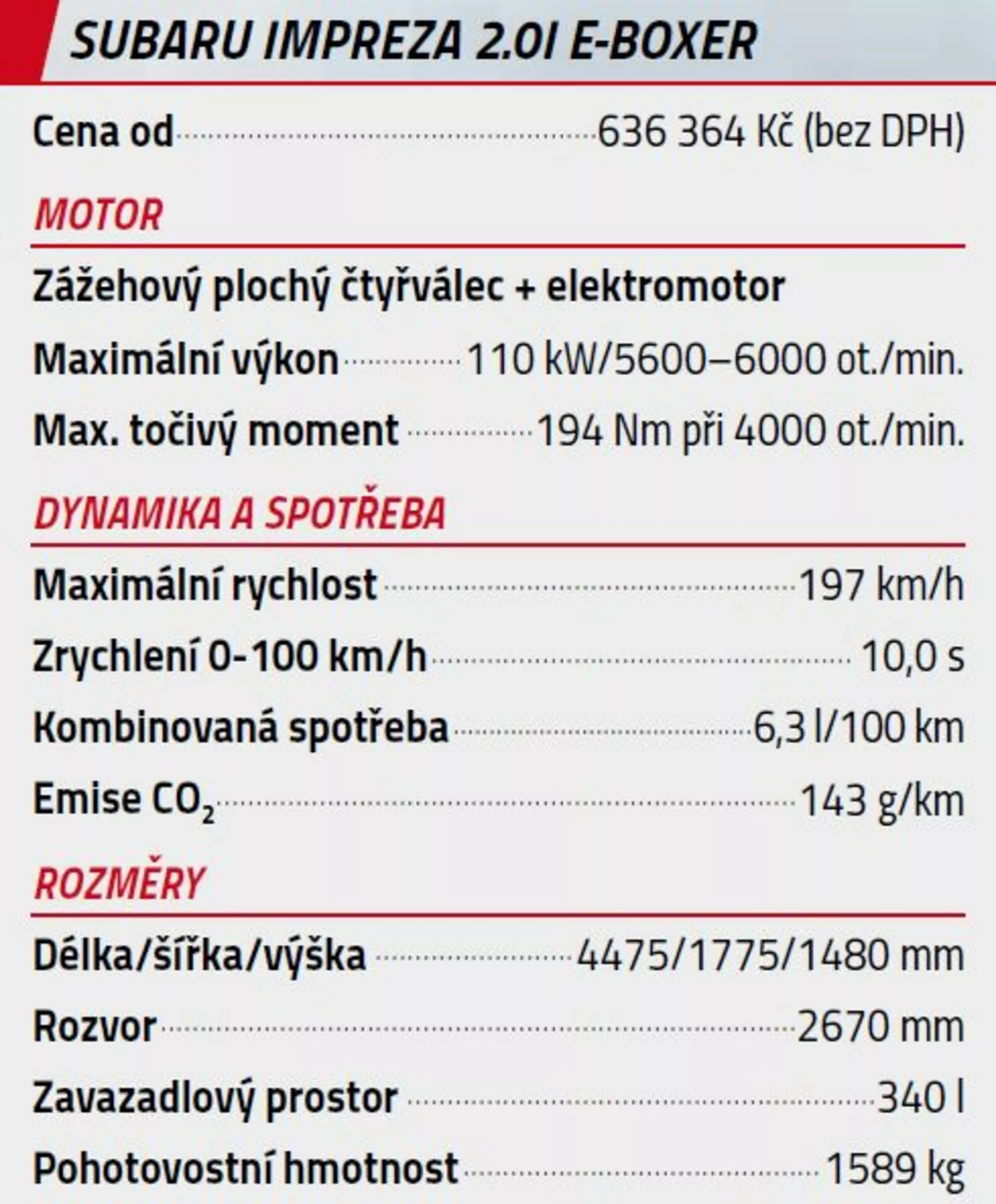 Špecifikačný graf pre Subaru Impreza 2.0i E-BOXER 2018 zobrazujúci cenu, údaje o motore, výkon, krútiaci moment, výkonnosť, rýchlosť, zrýchlenie, spotrebu paliva, emisie CO2, rozmery, rázvor, objem nákladového priestoru a hmotnosť v češtine