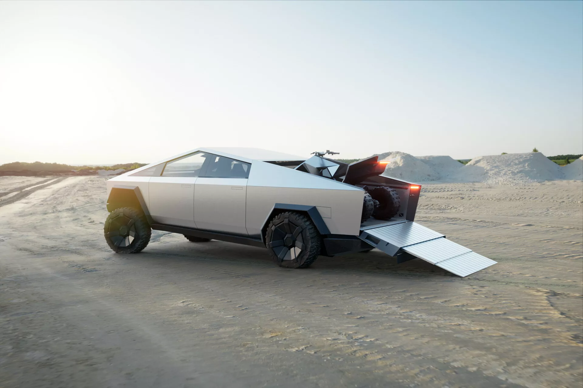 Bočný profil futuristického vozidla Tesla Cybertruck 2021 s charakteristickými geometrickými líniami a ostrými uhlami. Vozidlo sa nachádza v piesočnatom, púštnom prostredí s otvorenými zadnými dverami a vysunutou rampou. Matný povrch, svetlá šedá alebo strieborná farba, veľké robustné kolesá a absencia kriviek zvýrazňujú jeho avantgardný dizajn. Prirodzené osvetlenie z neskorého popoludnia vrhá dlhé tiene okolo vozidla. Absencia viditeľných výfukových potrubí naznačuje, že ide o elektrické vozidlo. Prostredie zdôrazňuje jeho schopnosti pre terén a užitkové využitie.