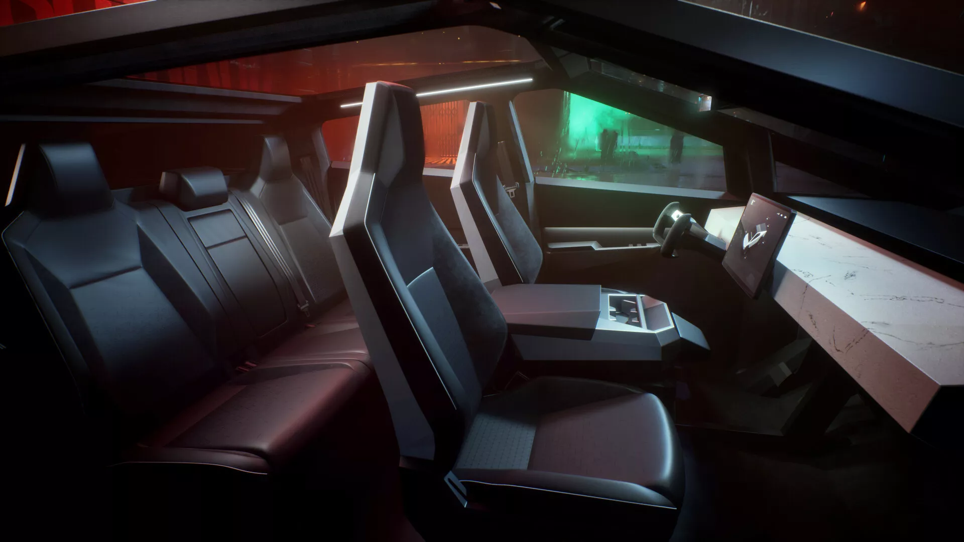 Pohľad do interiéru vozidla Tesla Cybertruck 2021 (1. generácia), ktorý ukazuje luxusné sedadlá so športovým dizajnom, panoramatickú palubnú dosku s rozšíreným digitálnym displejom, minimalistické ovládacie prvky s dotykovou plochou a jemné LED osvetlenie zachytávajúce futuristickú a vysoko technologickú atmosféru vozidla.