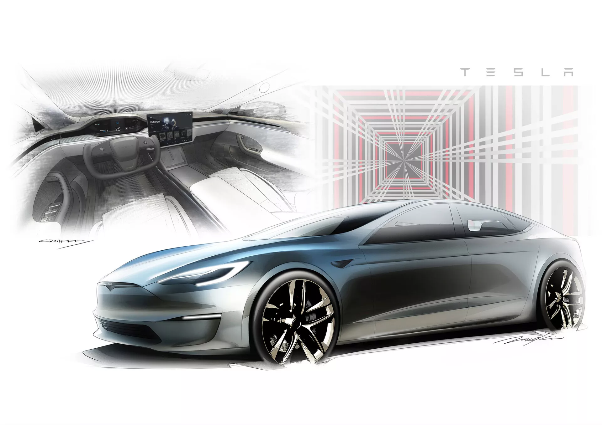 Štylizované zobrazenie Tesly Model S 2016 (prvá generácia, facelift), zobrazené z nízkeho uhlu z boku. Je zvýraznený aerodynamický profil a elegantná, štíhla silueta s nízkou líniou strechy, charakterizovaná hladkou, uzavretou mriežkou, úzkymi svetlometmi a viacramennými zliatinovými kolesami s čiernymi ráfikmi a striebornými detailmi. V ľavom hornom rohu sa nachádza detailný pohľad na minimalistickú prístrojovú dosku s veľkým dotykovým displejom, ktorý zdôrazňuje moderný, technologicky orientovaný interiér. Pozadie obsahuje grafický vzor naznačujúci digitálne pripojenie, zatiaľ čo logo TESLA je výrazne zobrazené v pravom hornom rohu, čo zdôrazňuje inovatívny a futuristický dizajn značky.