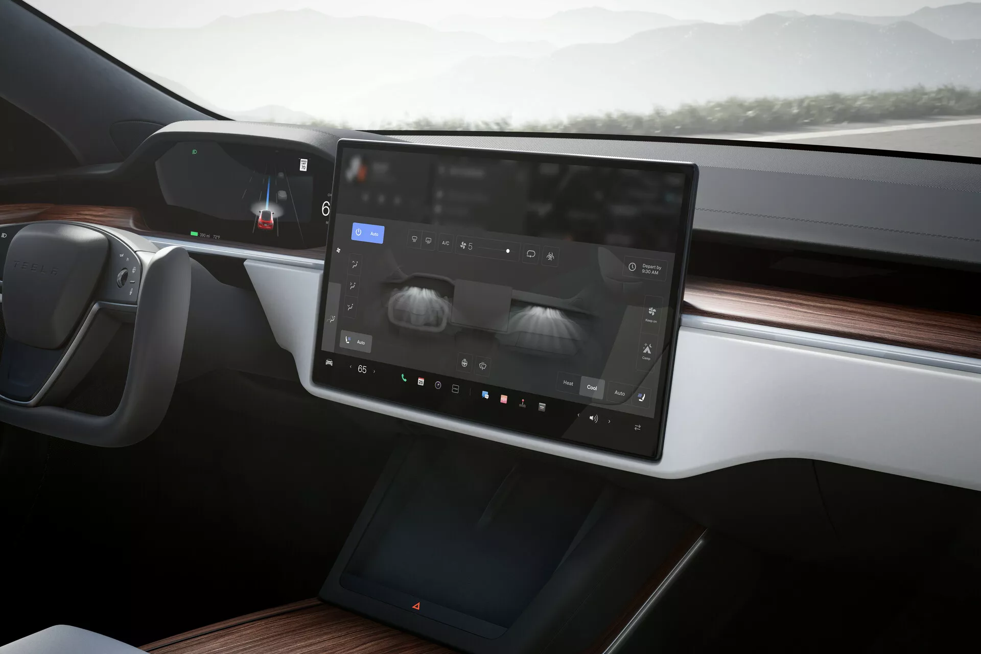 Interiér automobilu Tesla Model S 2016 (1. generácia facelift) zameraný na centrálnu konzolu a prístrojový panel vodiča. Významné prvky zahŕňajú veľký dotykový infotainment systém, digitálny prístrojový panel, moderný dizajn volantu, drevené obloženie, ambientné osvetlenie a minimalistický dizajn bez tradičných vetracích otvorov.