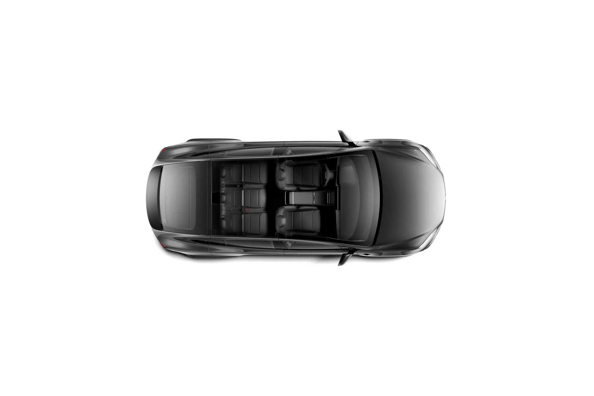 Pohľad zhora na sedan ukazujúci jeho strechu a predĺžený tvar karosérie. Tento Tesla Model-X 2021 prvej generácie s faceliftom má strešné okno a štyri dvere, pohľad priamo zhora. Obrázok zdôrazňuje moderný aerodynamický dizajn vozidla, spätné zrkadlá pri predných oknách a potenciálne anténové systémy alebo senzory pre GPS, satelitné rádio alebo iné komunikačné technológie. Auto je vycentrované v rámčeku, smerujúce nadol.