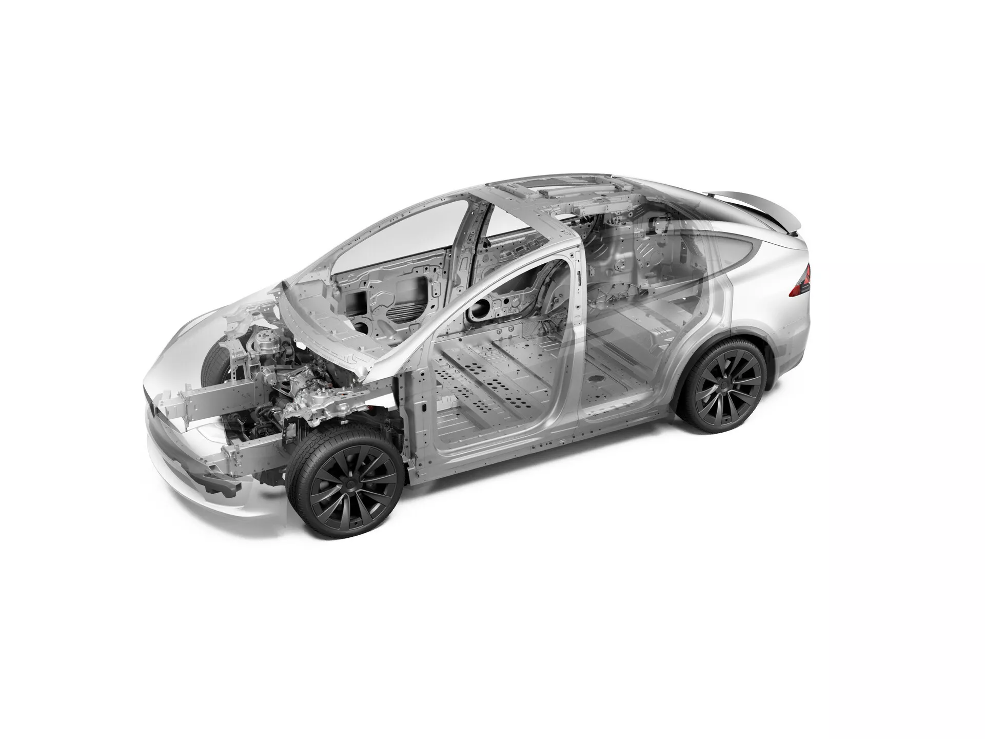 Naklonený pohľad zhora na Tesla Model-X 2021 prvej generácie facelift, zobrazujúci röntgenový pohľad na auto so zameraním na vnútorné štrukturálne a mechanické komponenty. Naklonená perspektíva odhaľuje vodičovu stranu a hornú časť vozidla, pričom predná časť smeruje do pravého horného rohu a zadná časť do ľavého dolného rohu. Viditeľné sú detaily ako usporiadanie predného motora, sofistikovaný systém odpruženia a konfigurácia sedadiel do dvoch radov. Monochromatické, vysoko kontrastné zobrazenie zdôrazňuje technologické a inžinierske aspekty vozidla, zdôrazňujúc pohonnú jednotku, vystuženie rámu a ďalšie vnútorné prvky.