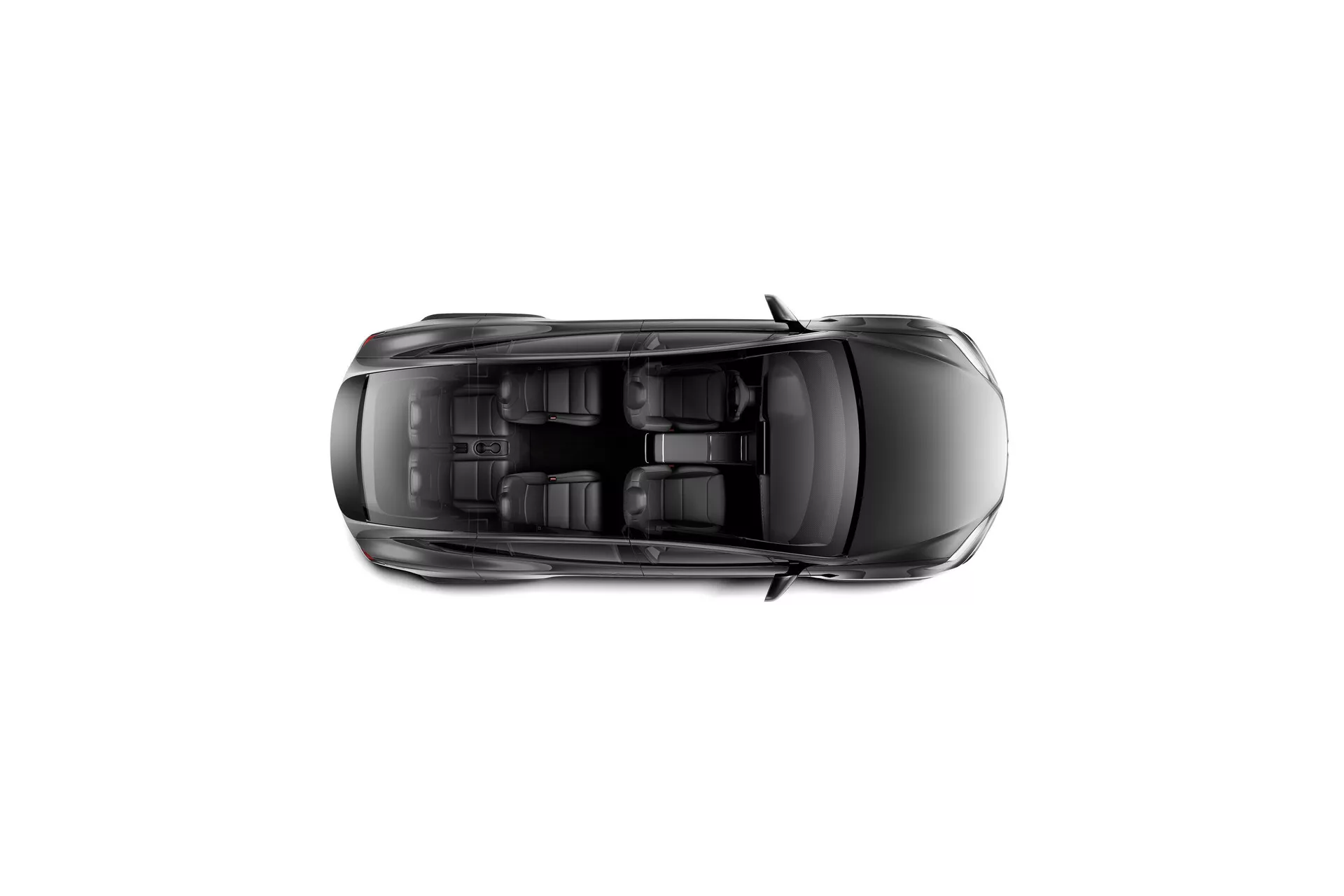 Horný pohľad na Tesla Model X 2021 (facelift 1. generácie) v horizontálnej orientácii, zobrazujúci celú strechu so strešným oknom a anténou v tvare žraločej plutvy. Jasné obrysy okien, rámov dverí a symetrické dizajnové prvky na streche, zdôrazňujúce aerodynamický a moderný dizajn vozidla. Kompaktný a súdržný vzhľad tmavého štvordverového vozidla naznačuje, že by mohlo ísť o sedan alebo hatchback.