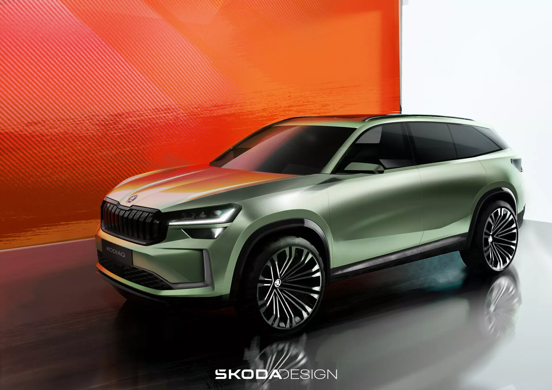 Pohľad z nízkeho uhla na trojštvrťový predný pohľad na koncepciu vozidla Škoda, ktorá ukazuje dynamickú prednú mriežku, elegantné svetlomety a športový bočný profil na pozadí s abstraktným teplým prechodom