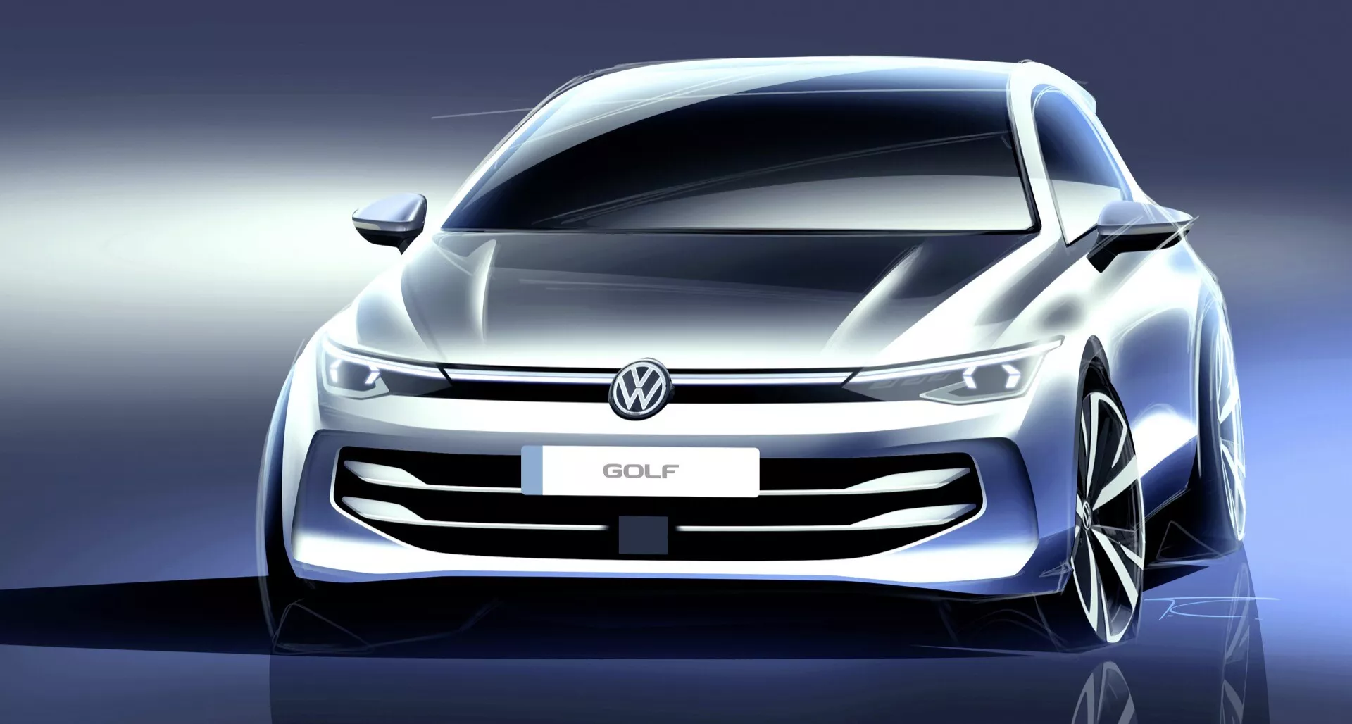 Počítačom generovaný koncepčný obrázok Volkswagen Golf 2024 (VIII-Facelift) s dynamickým pohľadom spredu s úzkou mriežkou, zjednoteným svetelným pásom, úzkymi ostrouhle tvarovanými svetlometmi a veľkými vzduchovými vstupmi