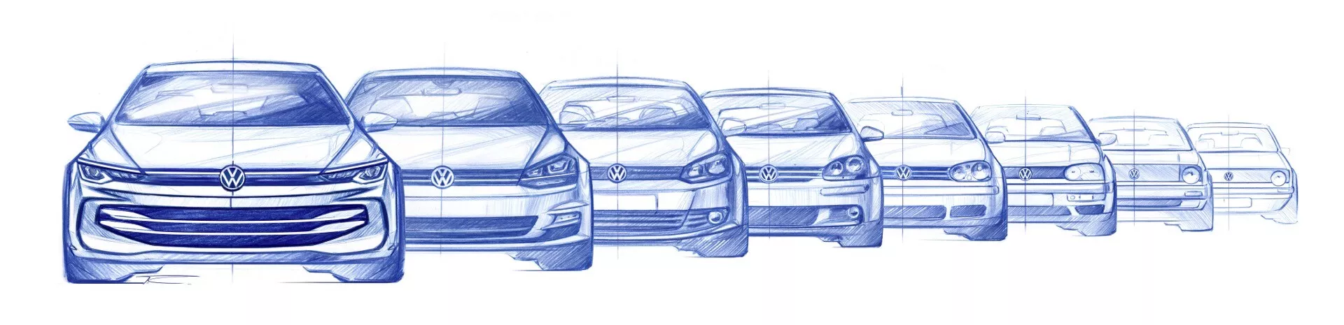 Bočný pohľad na Volkswagen Golf VIII facelift 2024 ilustrujúci progresiu od detailného dizajnu auta po zjednodušenú drôtenú štruktúru, zobrazujúci vonkajšie prvky od prednej časti po zadnú, kolesá a vnútorné mechanické komponenty